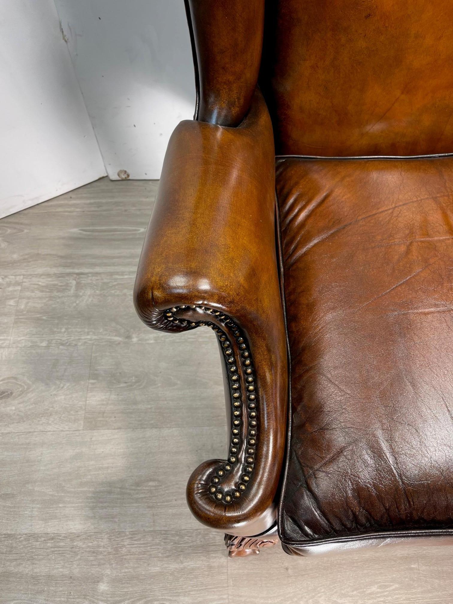 Exquisite Extra Large Restored Brown Leather Wingback Armchair Claw & Ball Feet 4