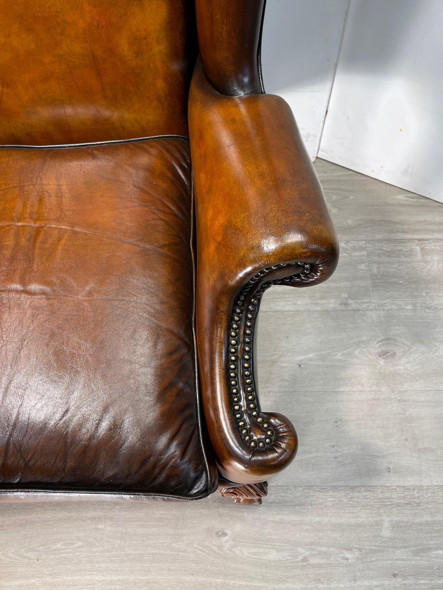 Exquisite Extra Large Restored Brown Leather Wingback Armchair Claw & Ball Feet 5