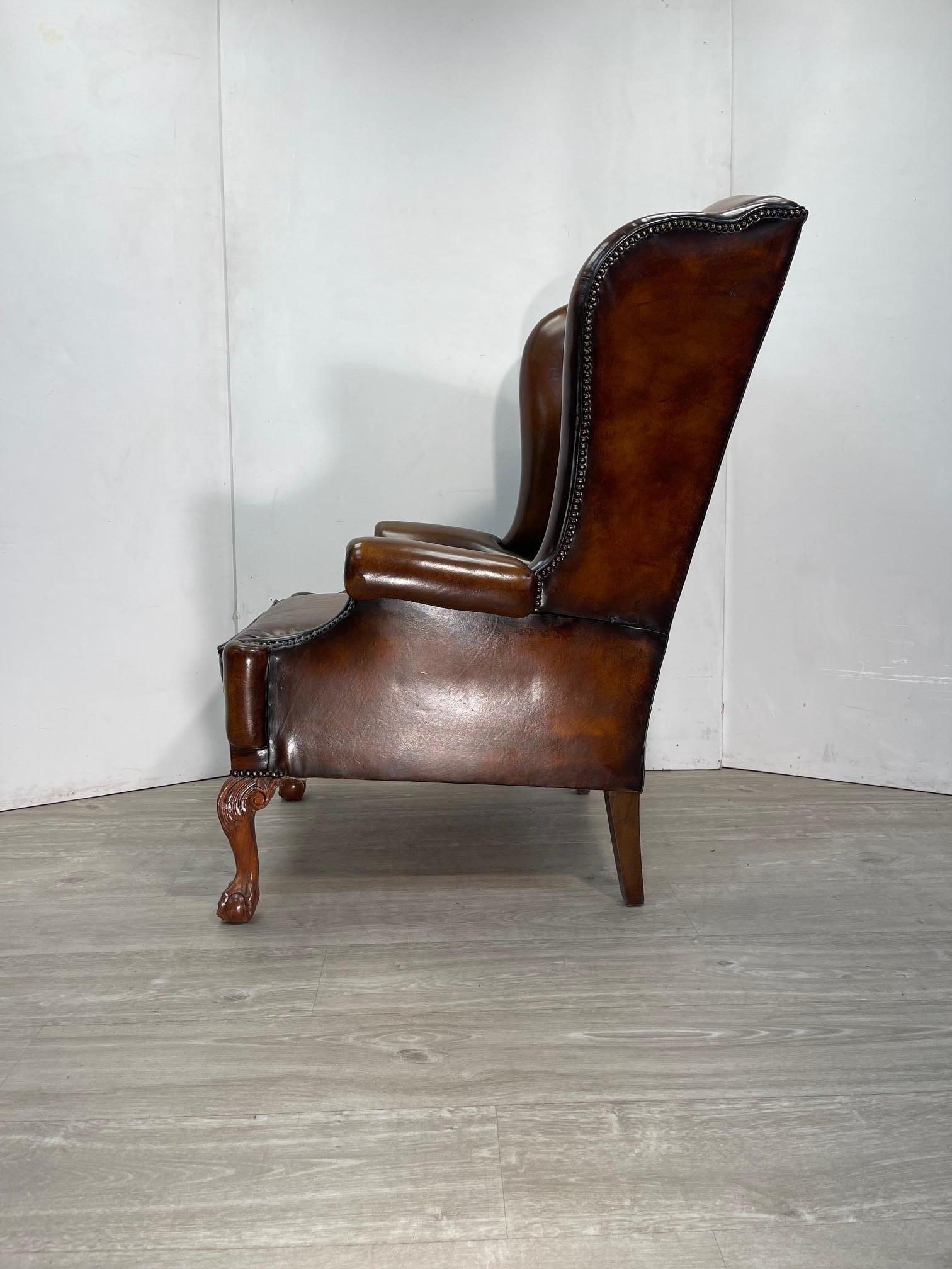 English Exquisite Extra Large Restored Brown Leather Wingback Armchair Claw & Ball Feet
