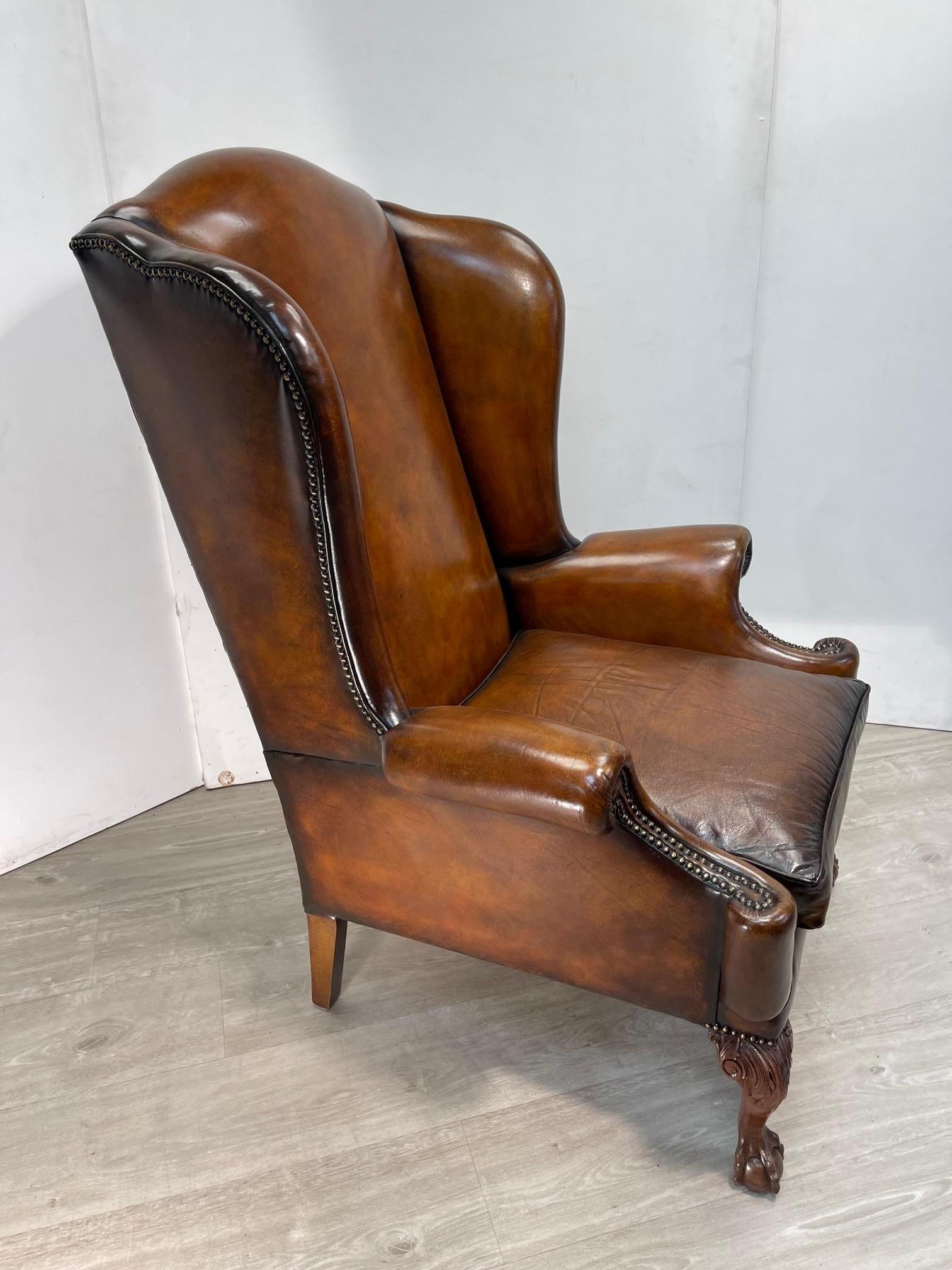 Hand-Crafted Exquisite Extra Large Restored Brown Leather Wingback Armchair Claw & Ball Feet