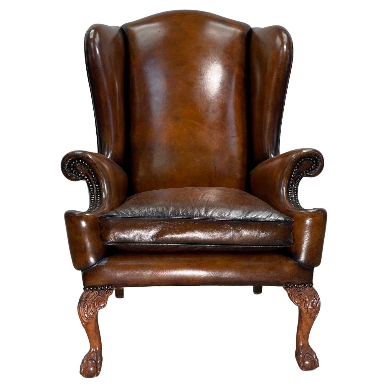 Exquisite Extra Large Restored Brown Leather Wingback Armchair Claw & Ball Feet