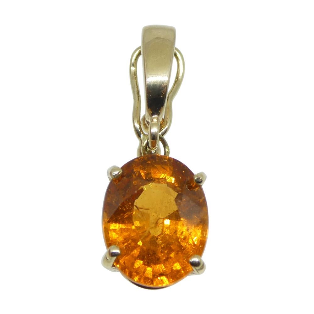 Description:

Gem Type: Spessartite Garnet 
Number of Stones: 1
Weight: 2.68 cts
Measurements: 8.66 x 6.93 x 4.80 mm
Shape: Oval
Cutting Style Crown: Brilliant Cut
Cutting Style Pavilion: Step Cut
Transparency: Transparent
Clarity: Slightly
