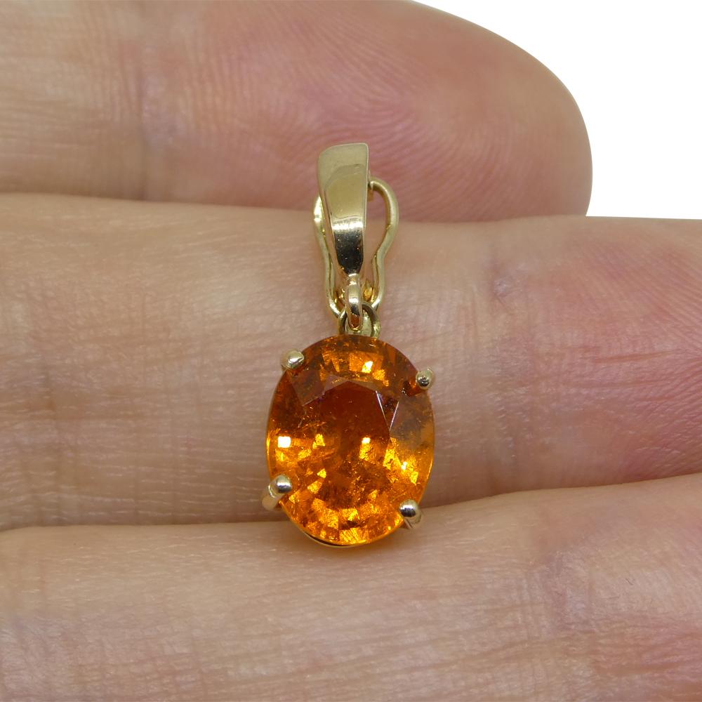 Description:

Gem Type: Spessartite Garnet 
Number of Stones: 1
Weight: 2.68 cts
Measurements: 8.66 x 6.93 x 4.80 mm
Shape: Oval
Cutting Style Crown: Brilliant Cut
Cutting Style Pavilion: Step Cut
Transparency: Transparent
Clarity: Slightly