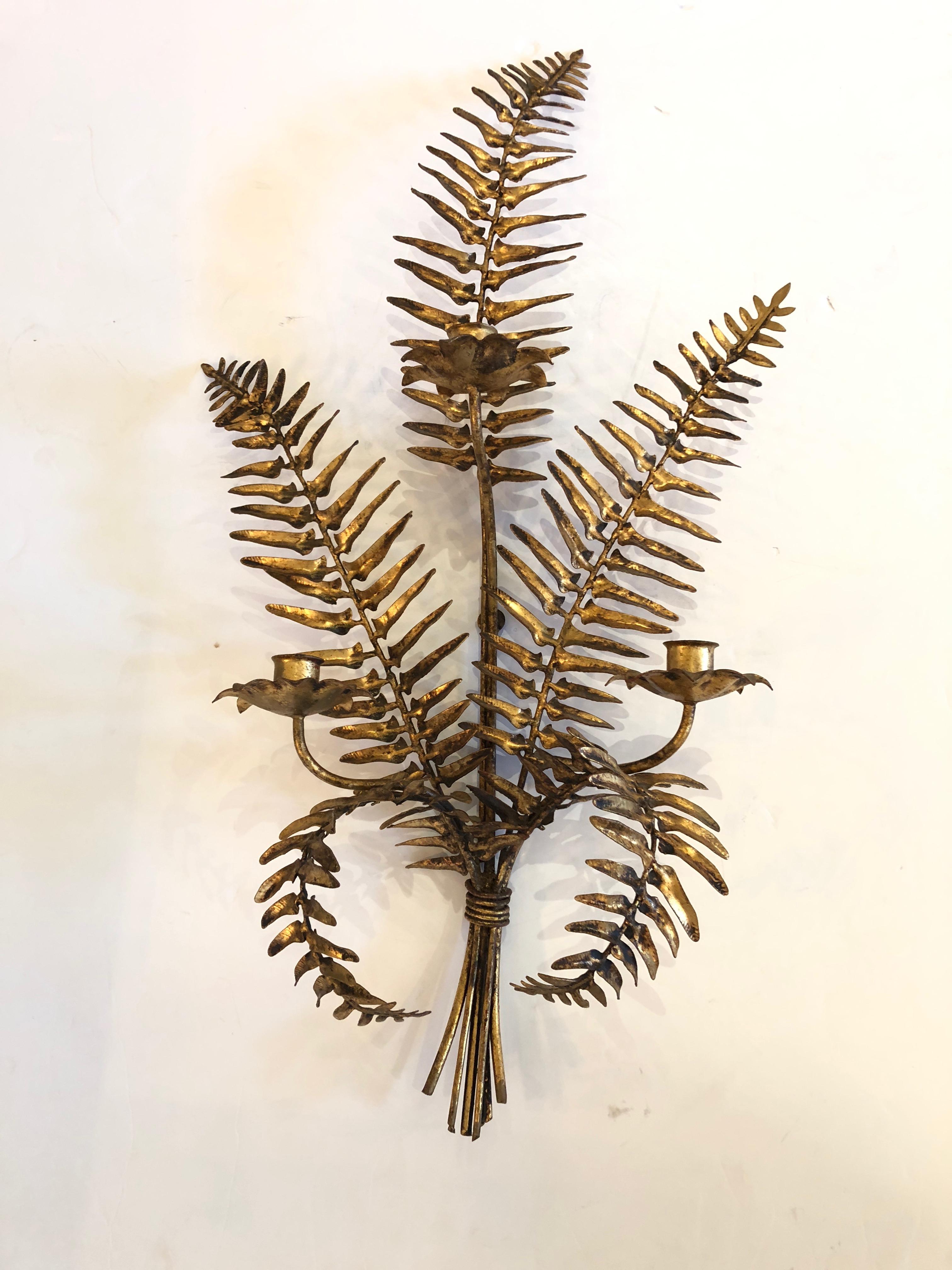 Lovely pair of gilt iron and tole candleholder sconces in the exquisite shape of lacy ferns.