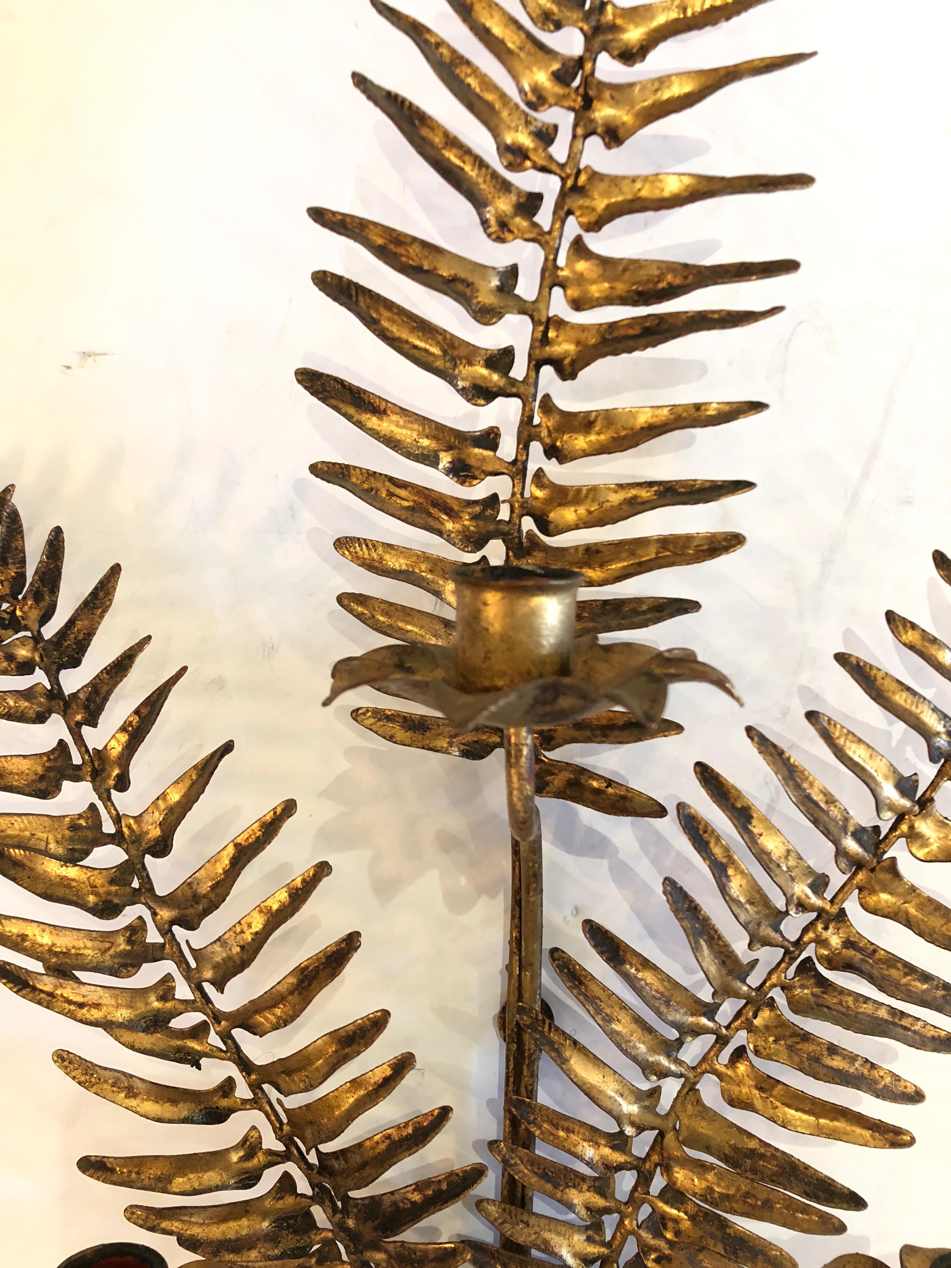 Italian Exquisite Fern Shaped Gilt Iron and Tole Candle Sconces