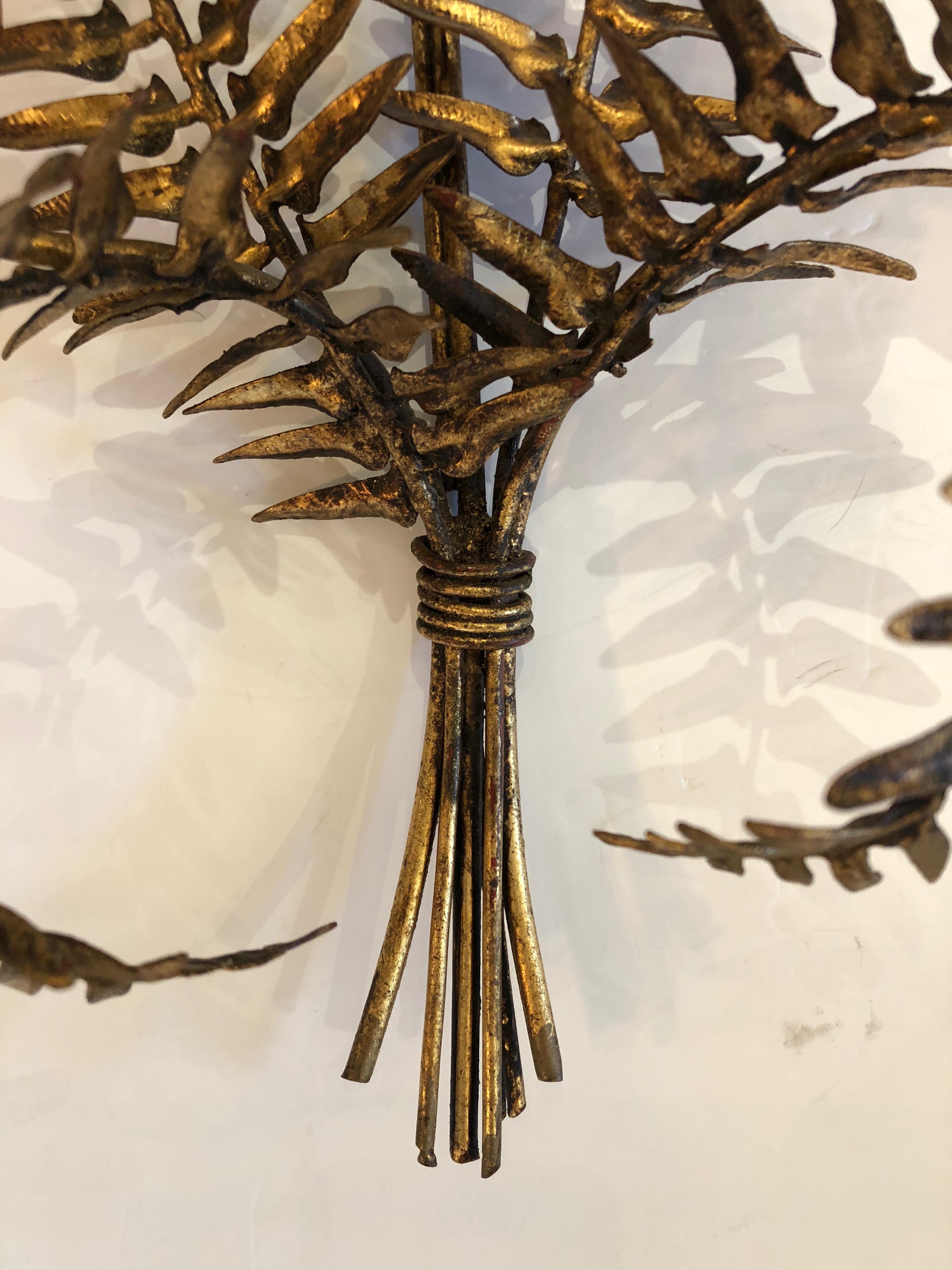 Exquisite Fern Shaped Gilt Iron and Tole Candle Sconces In Excellent Condition In Hopewell, NJ