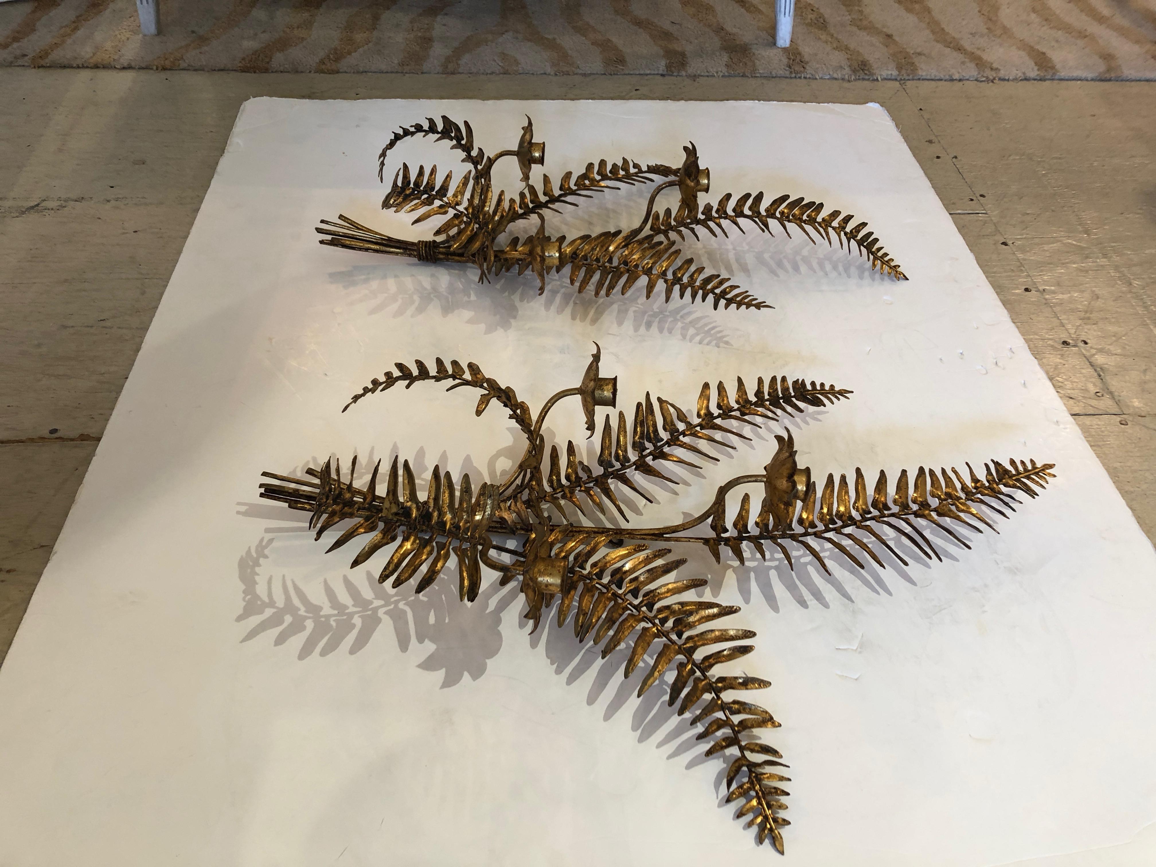 Tôle Exquisite Fern Shaped Gilt Iron and Tole Candle Sconces