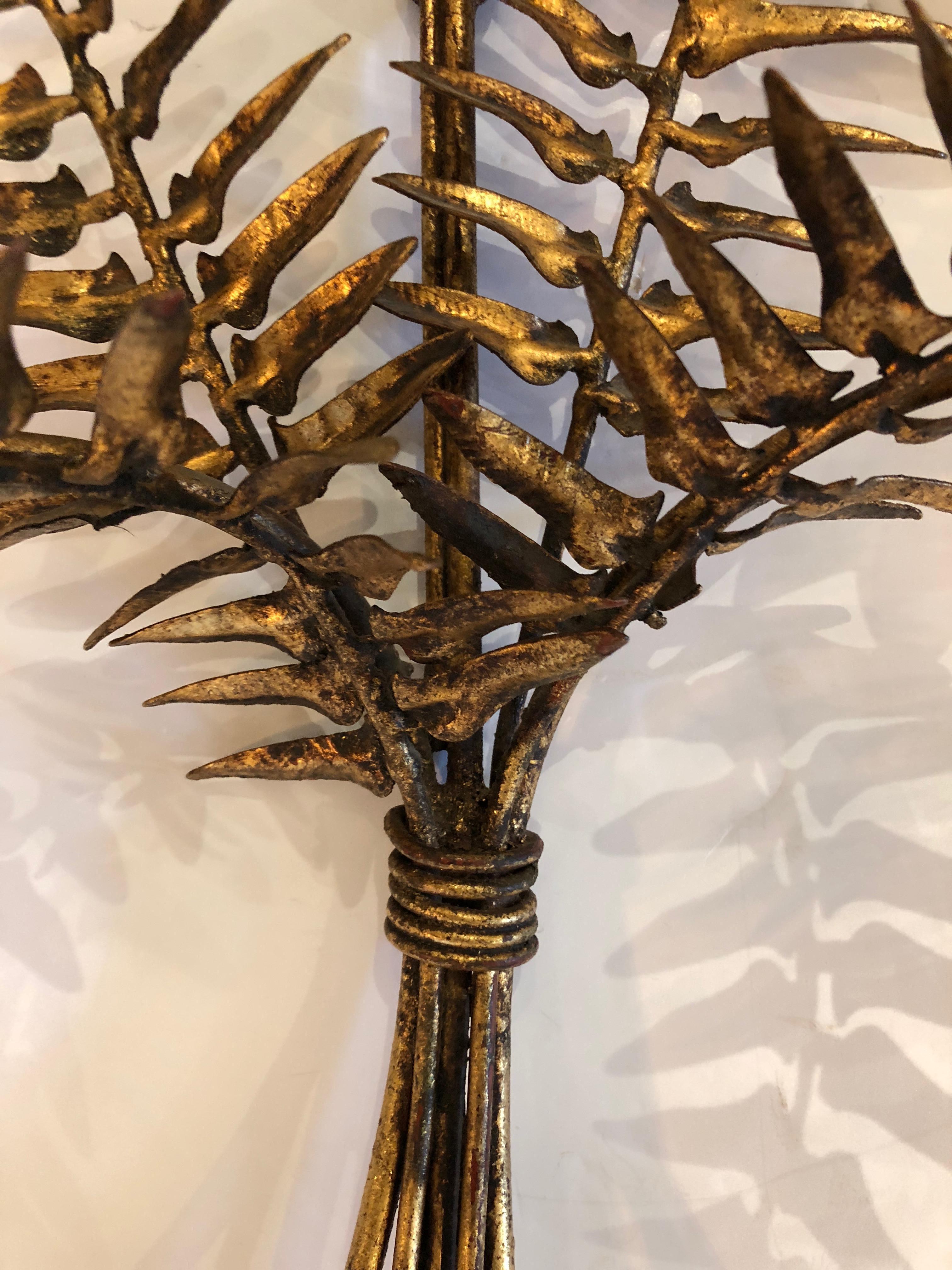 Exquisite Fern Shaped Gilt Iron and Tole Candle Sconces 1