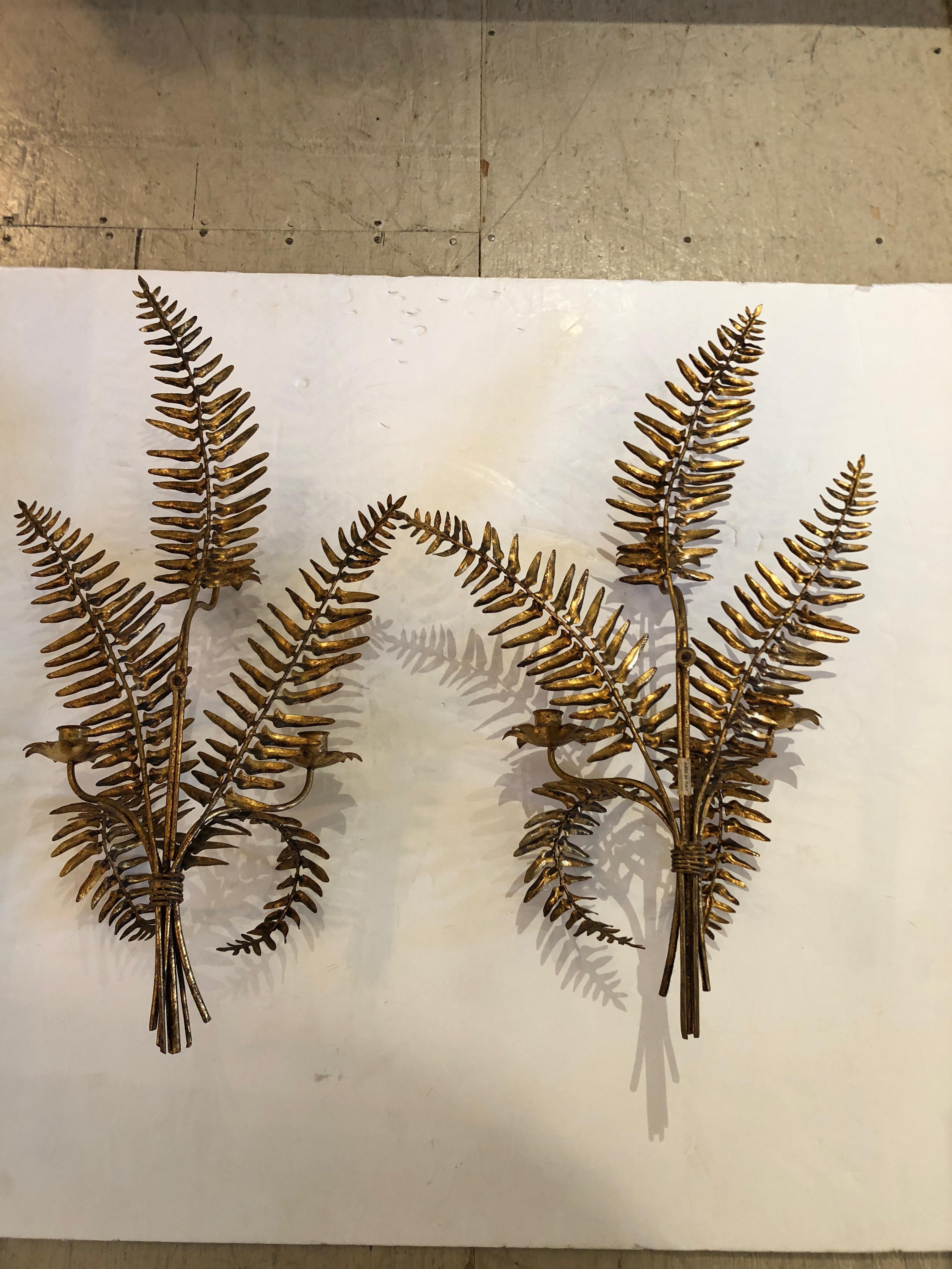 Exquisite Fern Shaped Gilt Iron and Tole Candle Sconces 2