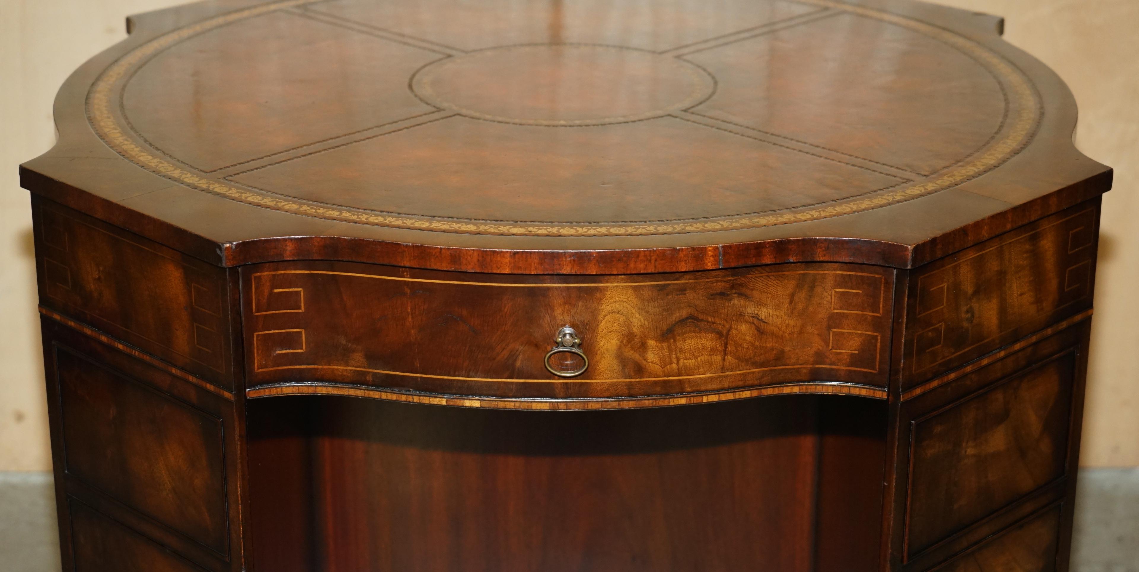 EXQUISITE FLAMED HARDWOOD HAND DYED BROWN LEATHER LiBRARY PEDESTAL 2 PERSON DESK For Sale 9