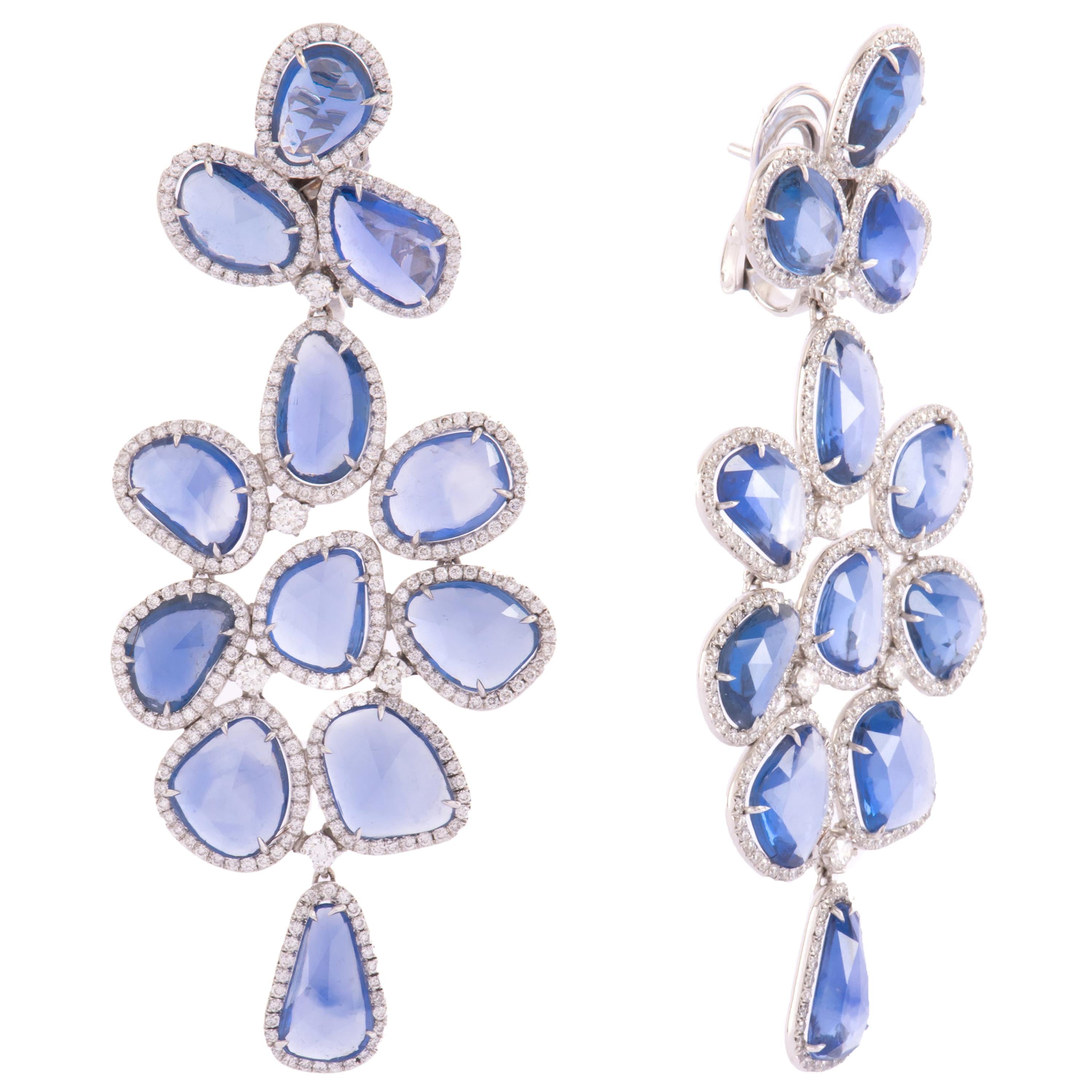 Exquisite Flat Blue Sapphires and Diamonds Earrings by Enrico Trizio For Sale