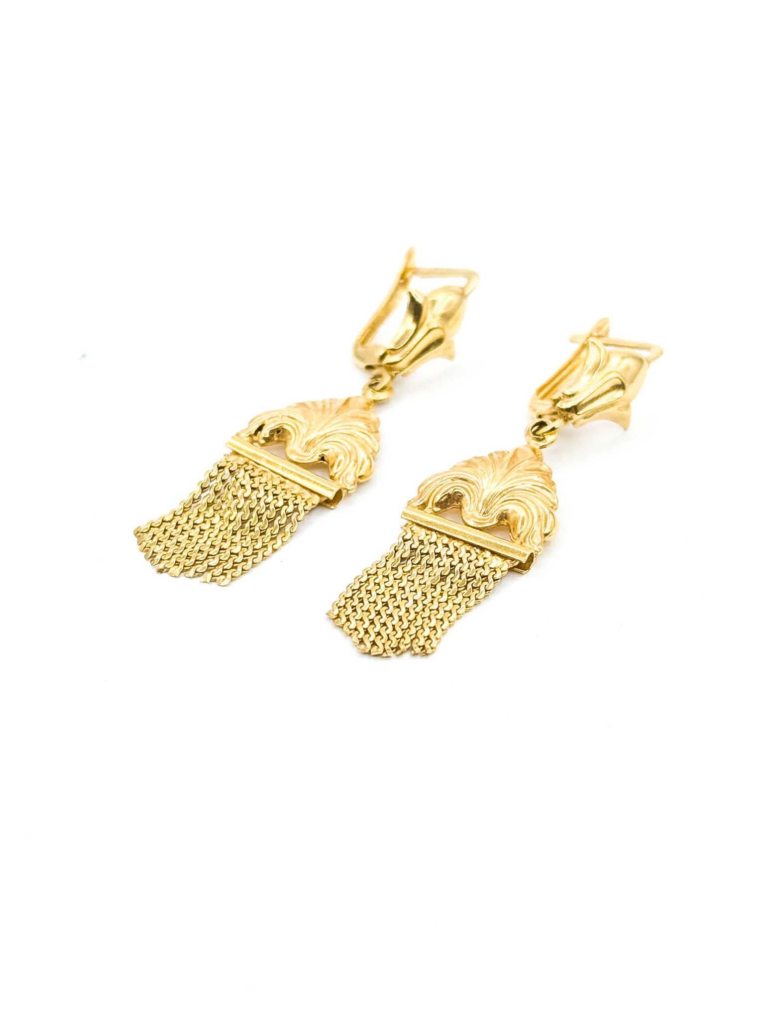 Exquisite Fleur De Lis Dangle Tassel Vintage Earrings in 18k Yellow Gold en Excelente estado para la venta en Bloomington, MN