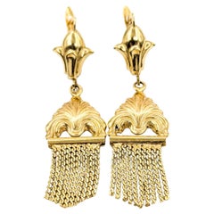 Exquisite Fleur De Lis Dangle Tassel Vintage Earrings in 18k Yellow Gold
