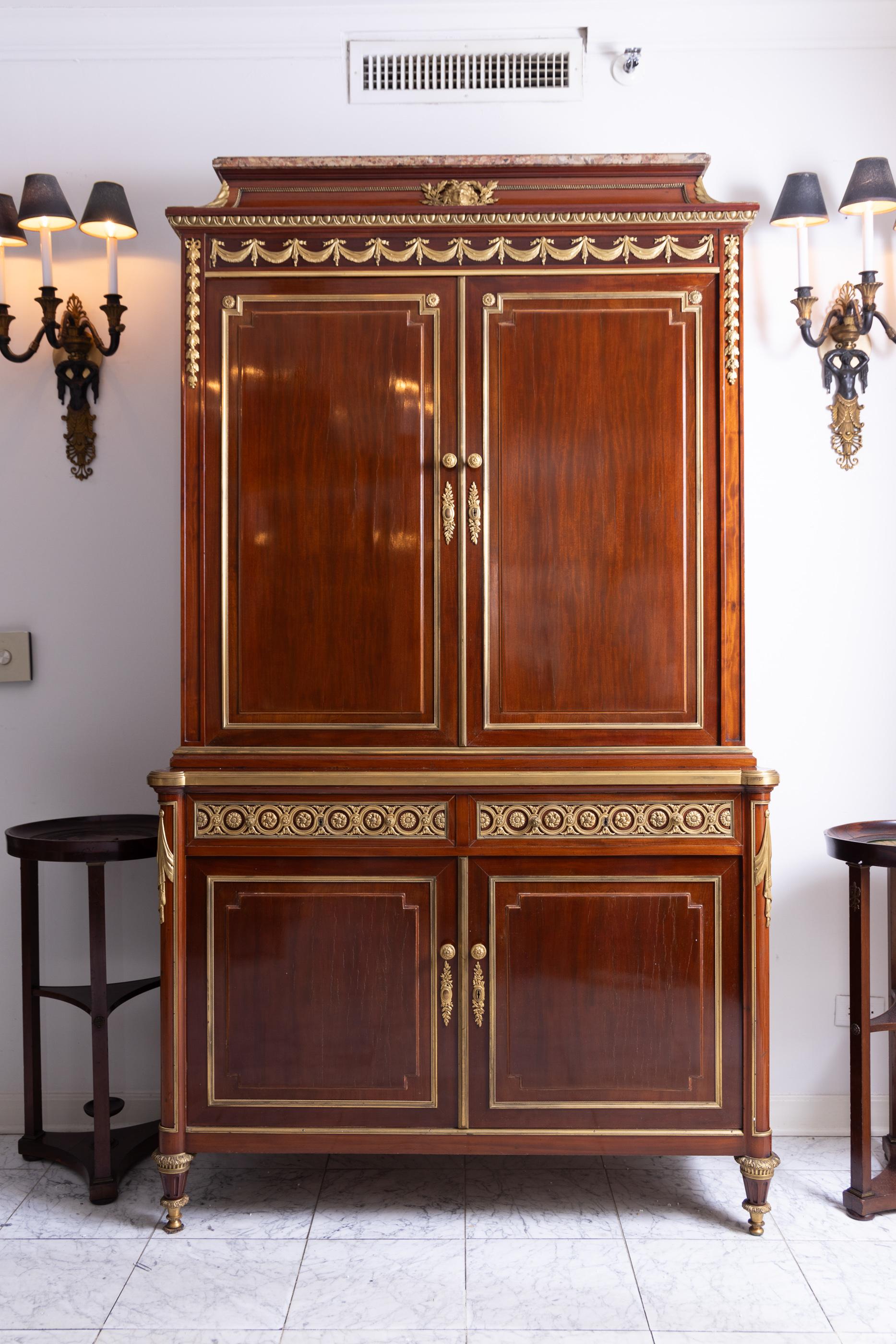 Exquisite French 19 Century Louis XVI Mahogany Grand Buffet a Deux Corps, Signed For Sale 5