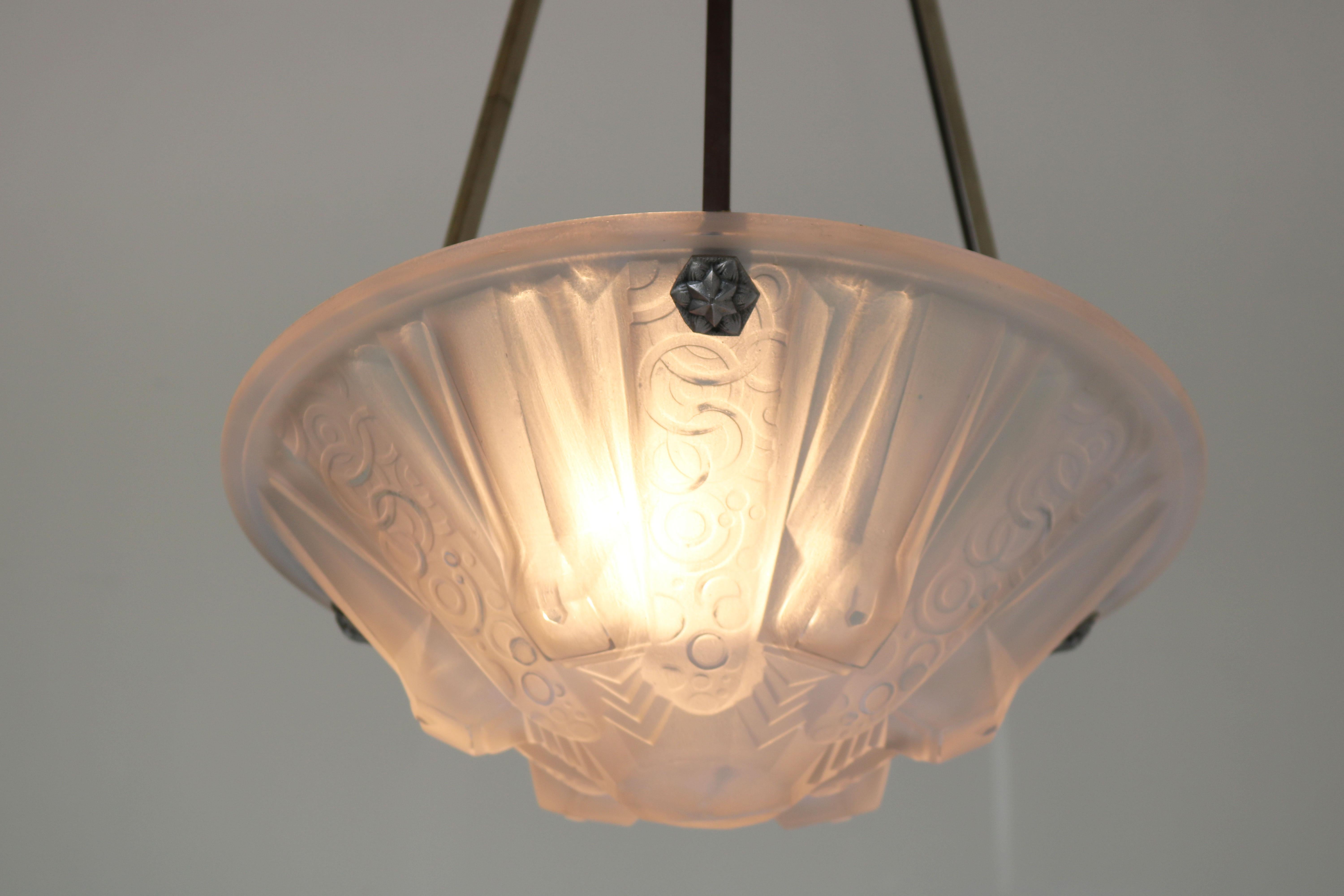 French Antique Pendant / Chandelier by Muller Freres Luneville Geometric 1930 4