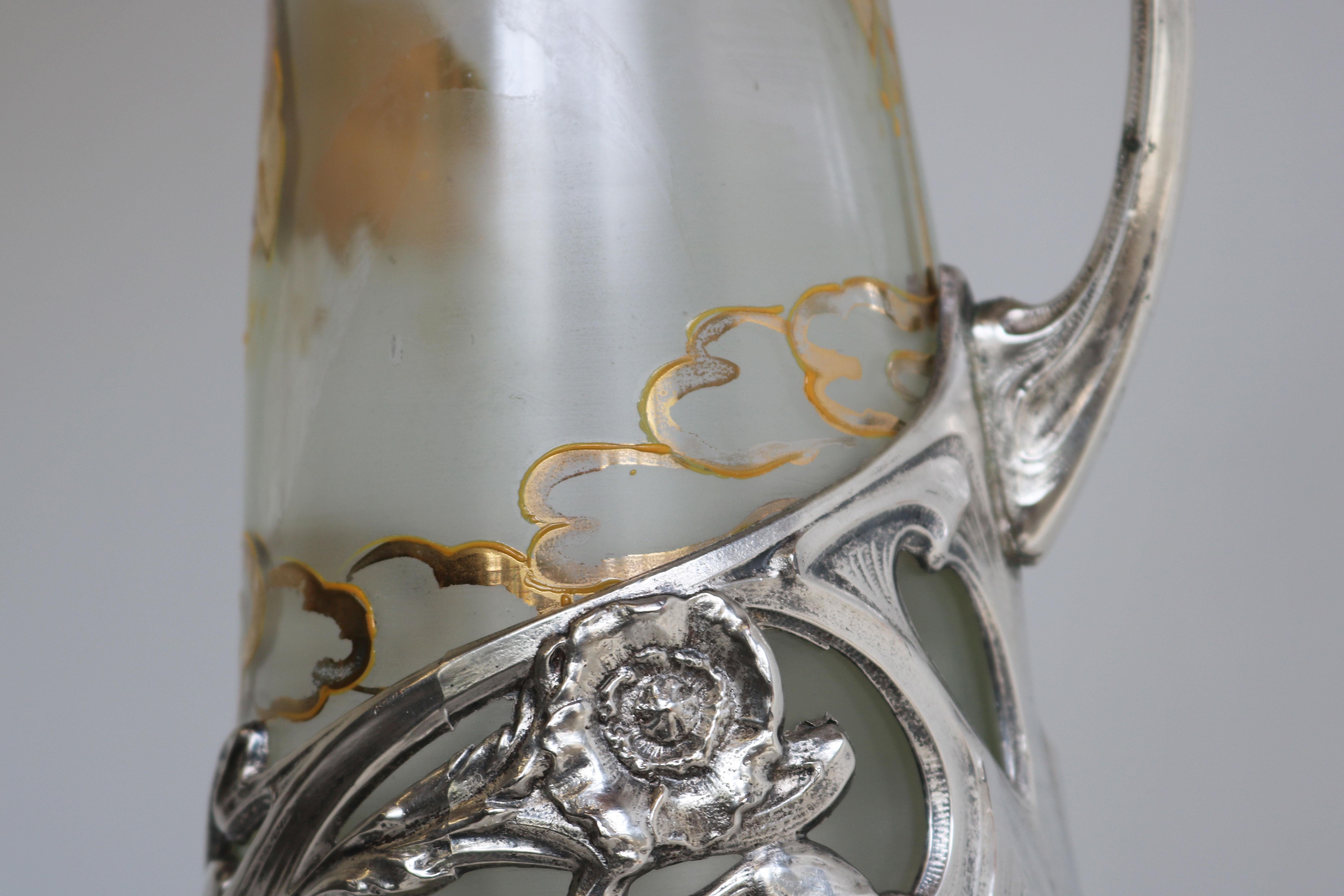 Exquisite French Art Nouveau Decanter / Pitcher by J. Barian Silver Glass 1900 For Sale 2
