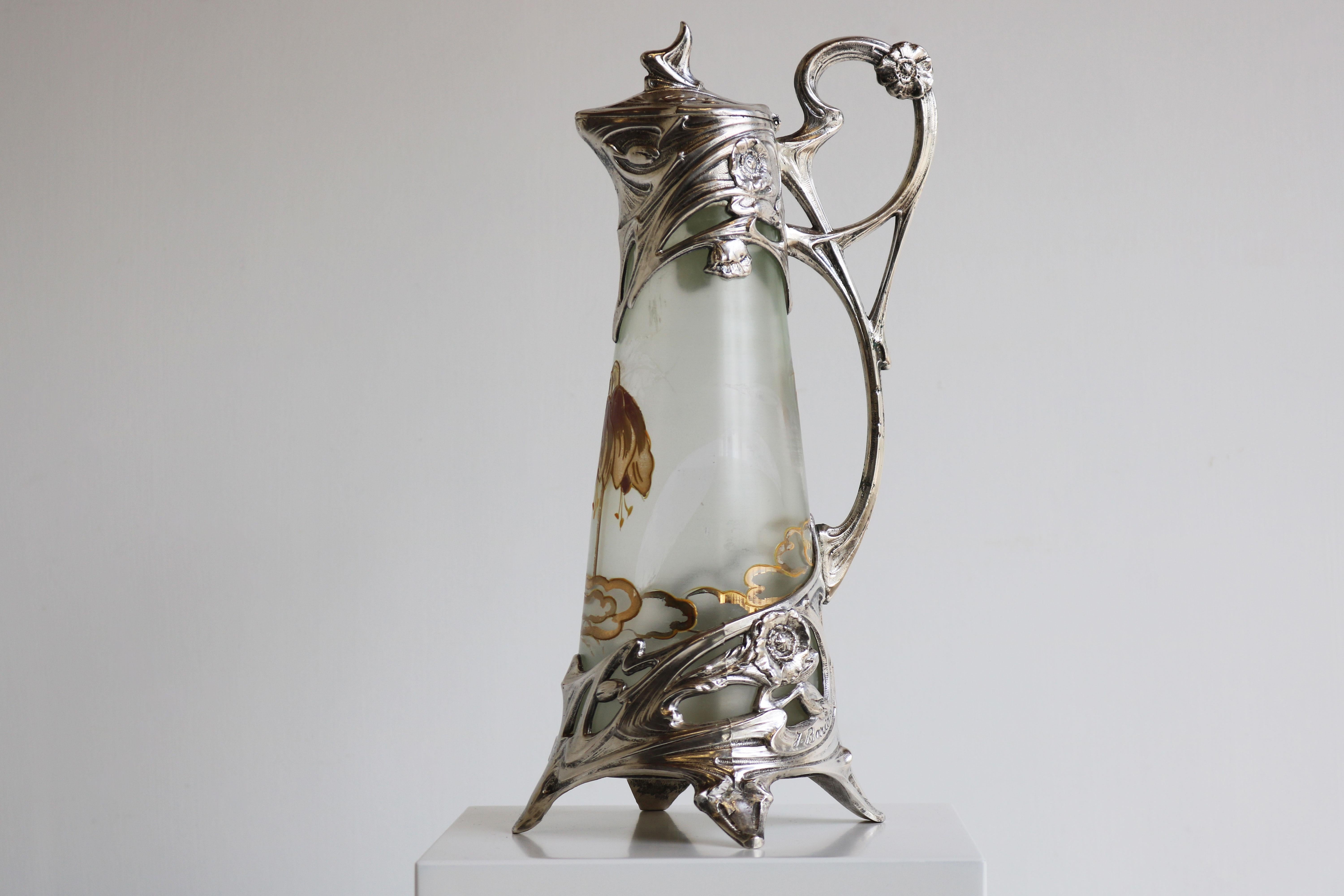 Exquisite French Art Nouveau Decanter / Pitcher by J. Barian Silver Glass 1900 For Sale 4