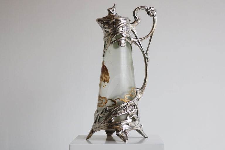 Exquisite French Art Nouveau Decanter / Pitcher by J. Barian Silver Glass 1900 For Sale 7