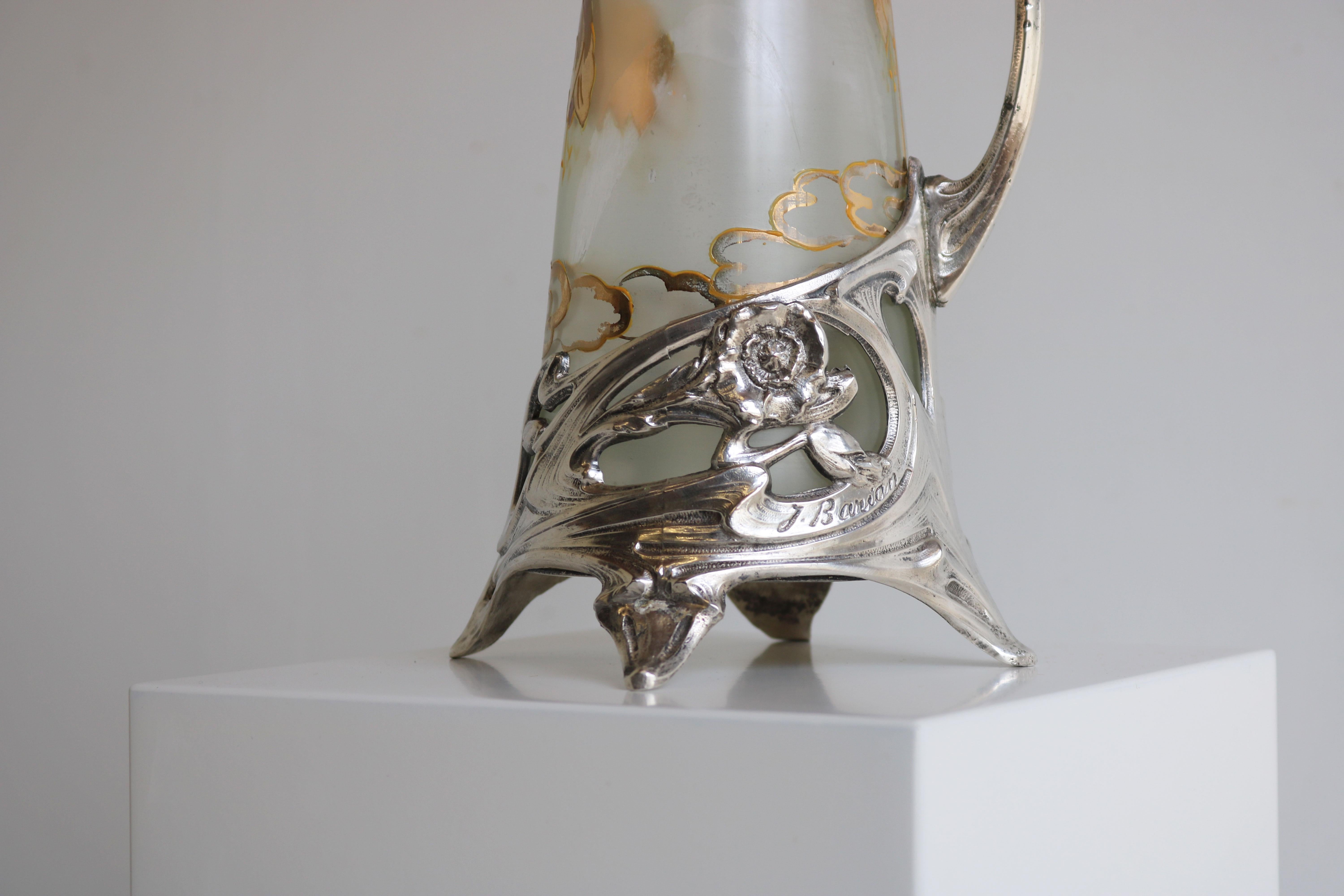 Art nouveau Magnifique carafe / pichet Art Nouveau français par J. Barian Silver Glass 1900 en vente