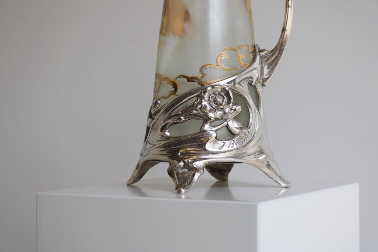 Exquisite French Art Nouveau Decanter / Pitcher by J. Barian Silver Glass 1900 In Good Condition For Sale In Ijzendijke, NL