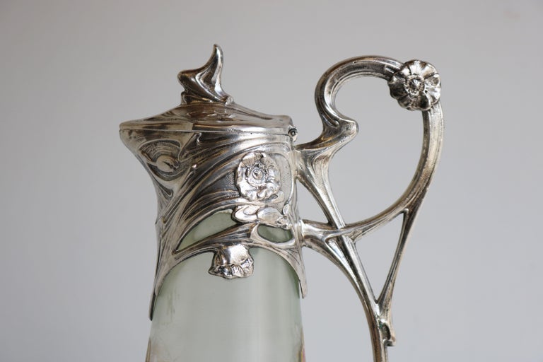 Exquisite French Art Nouveau Decanter / Pitcher by J. Barian Silver Glass 1900 For Sale 1