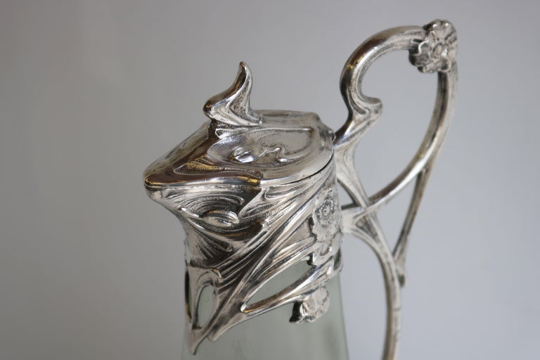 Exquisite French Art Nouveau Decanter / Pitcher by J. Barian Silver Glass 1900 For Sale 2