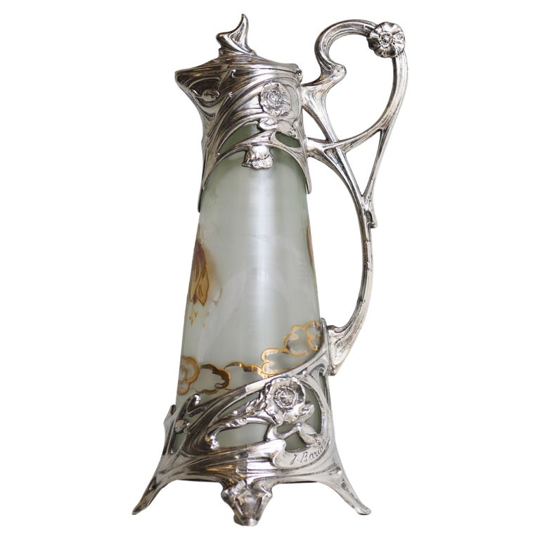 Exquisite French Art Nouveau Decanter / Pitcher by J. Barian Silver Glass 1900 For Sale