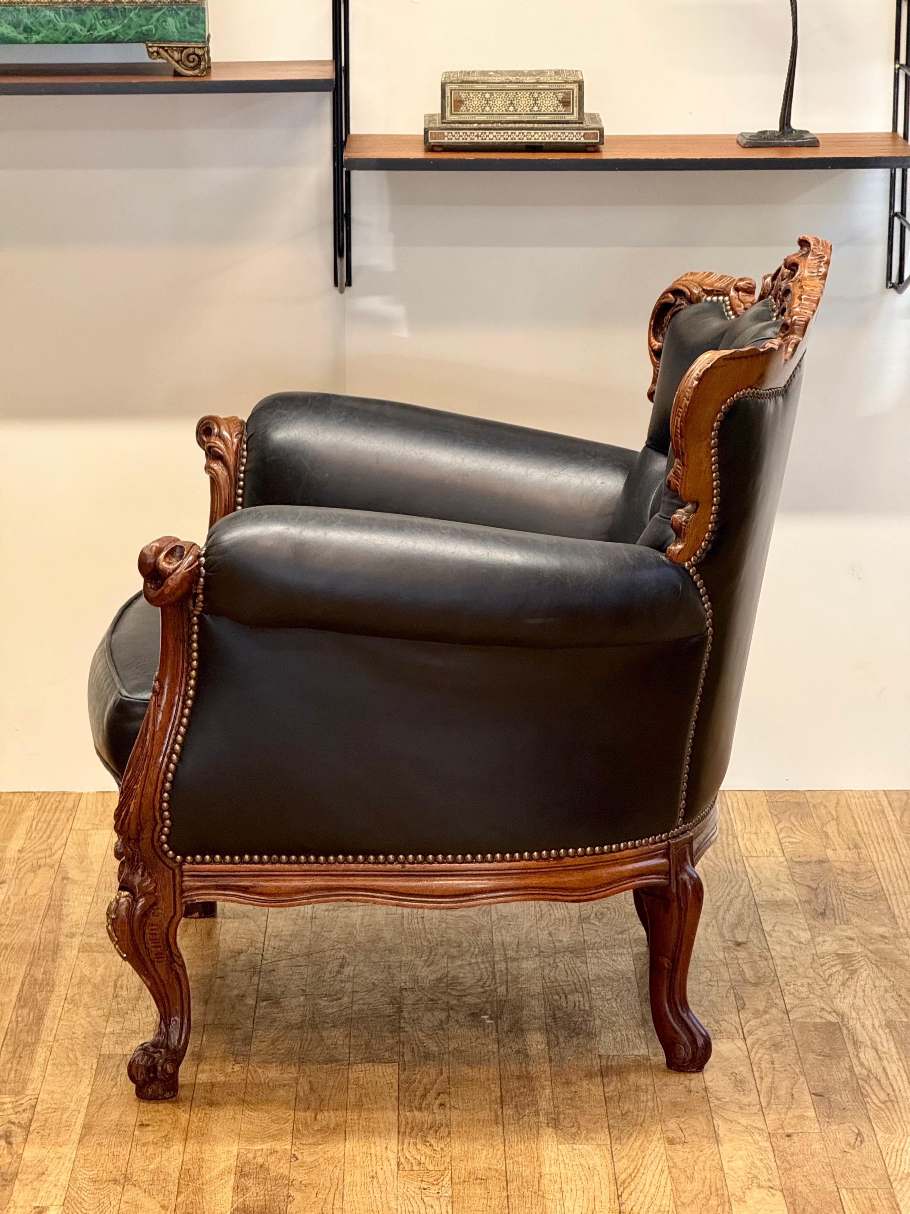 Rococo Exquisite French Baroque Style Leather Armchair – A Timeless Masterpiece For Sale
