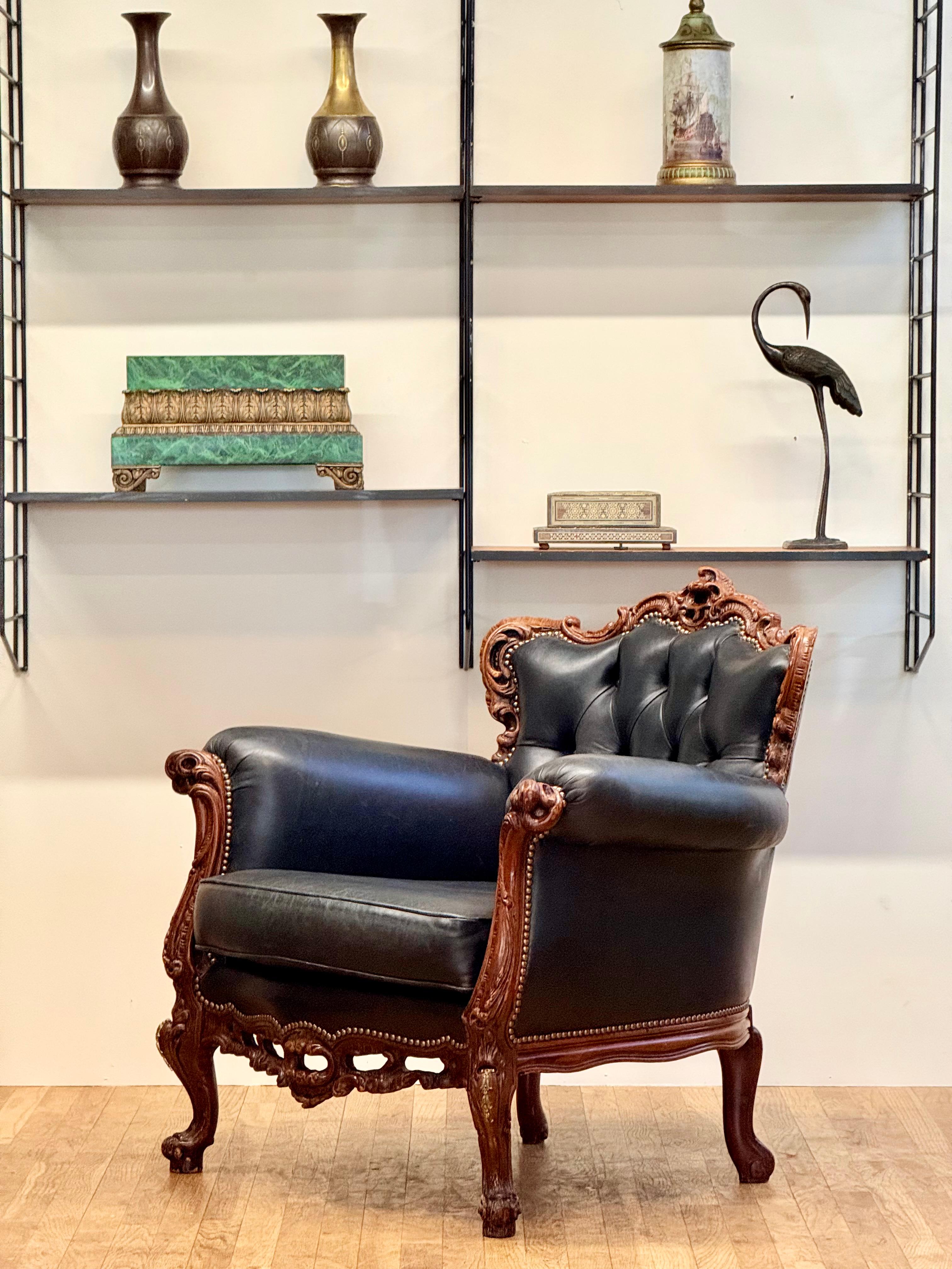 Carved Exquisite French Baroque Style Leather Armchair – A Timeless Masterpiece For Sale