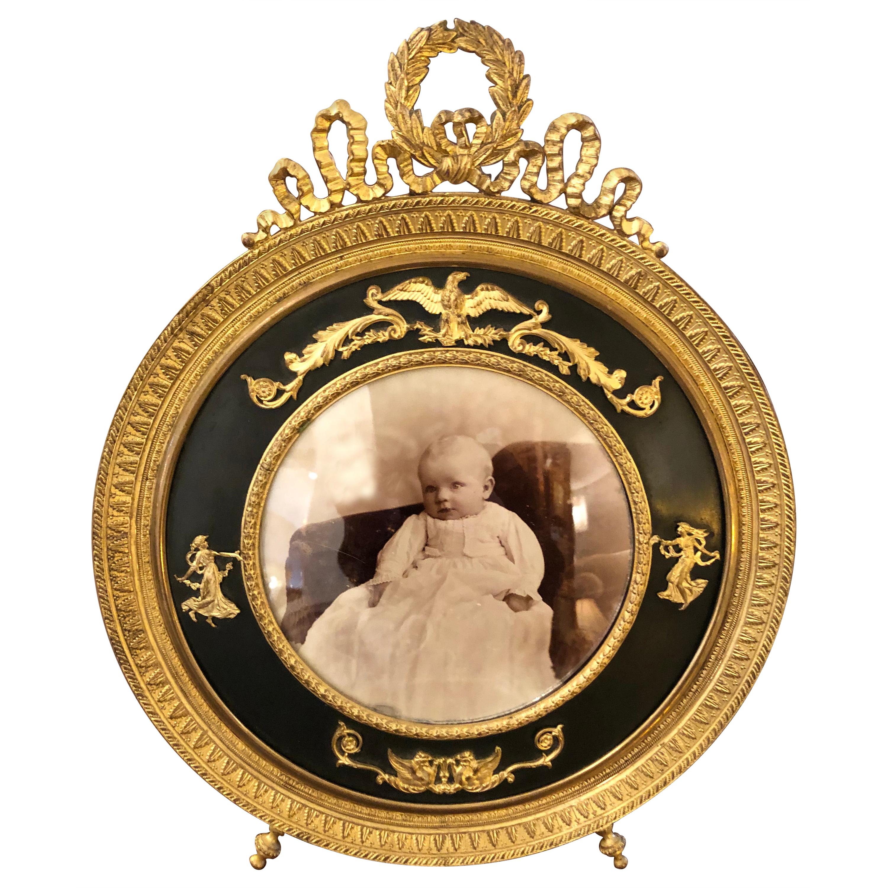Exquisite French Empire Antique Patinated Bronze Round Picture Frame