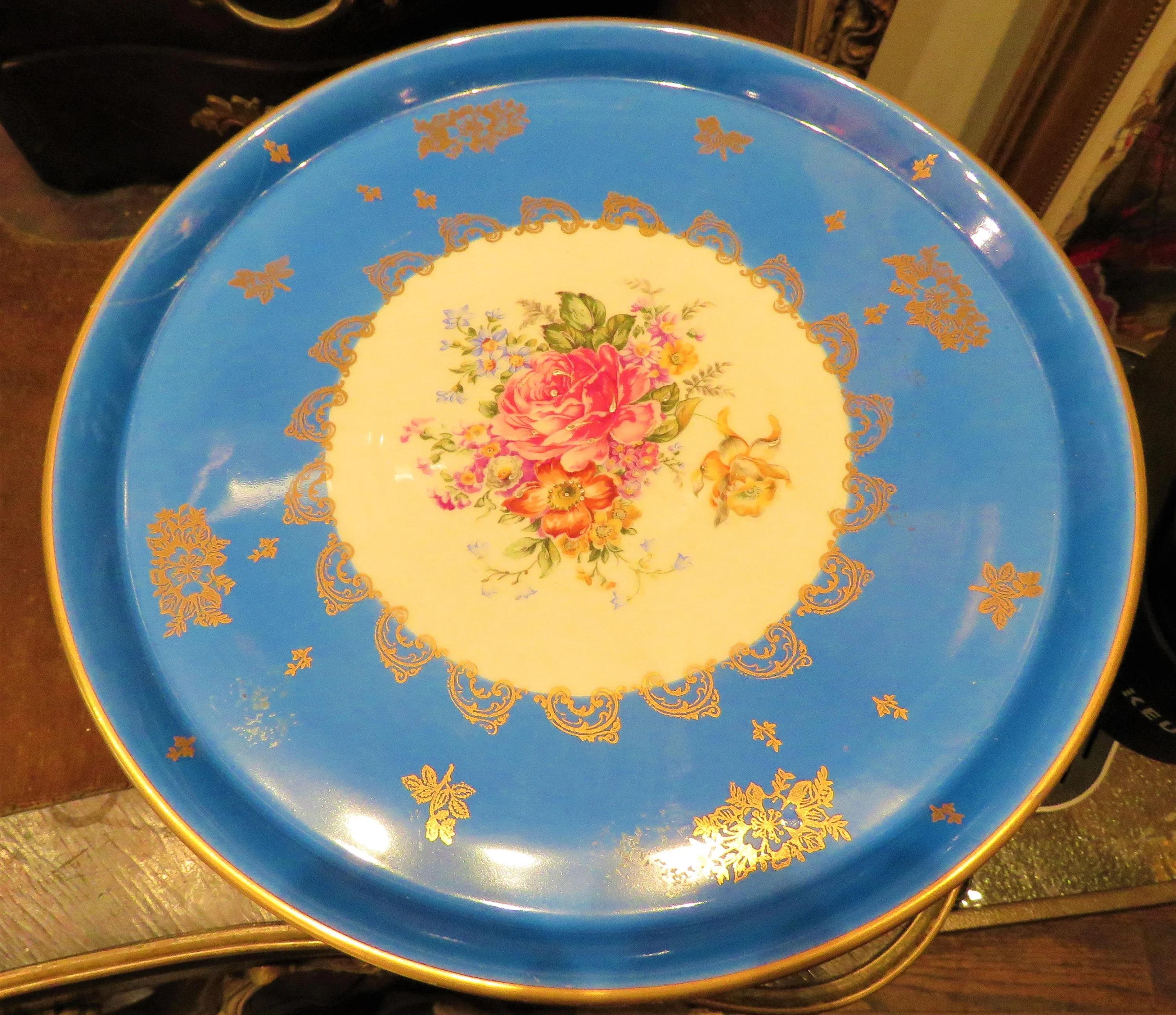The Following Item that we are offering is A Rare and Impressive Magnificent and Exquisite Rare Large Handpainted Sevres Style Limoges Stamped Porcelain Cake Plate Server Centerpiece. Outstandingly done with Magnificent Drawings of Gold Floral