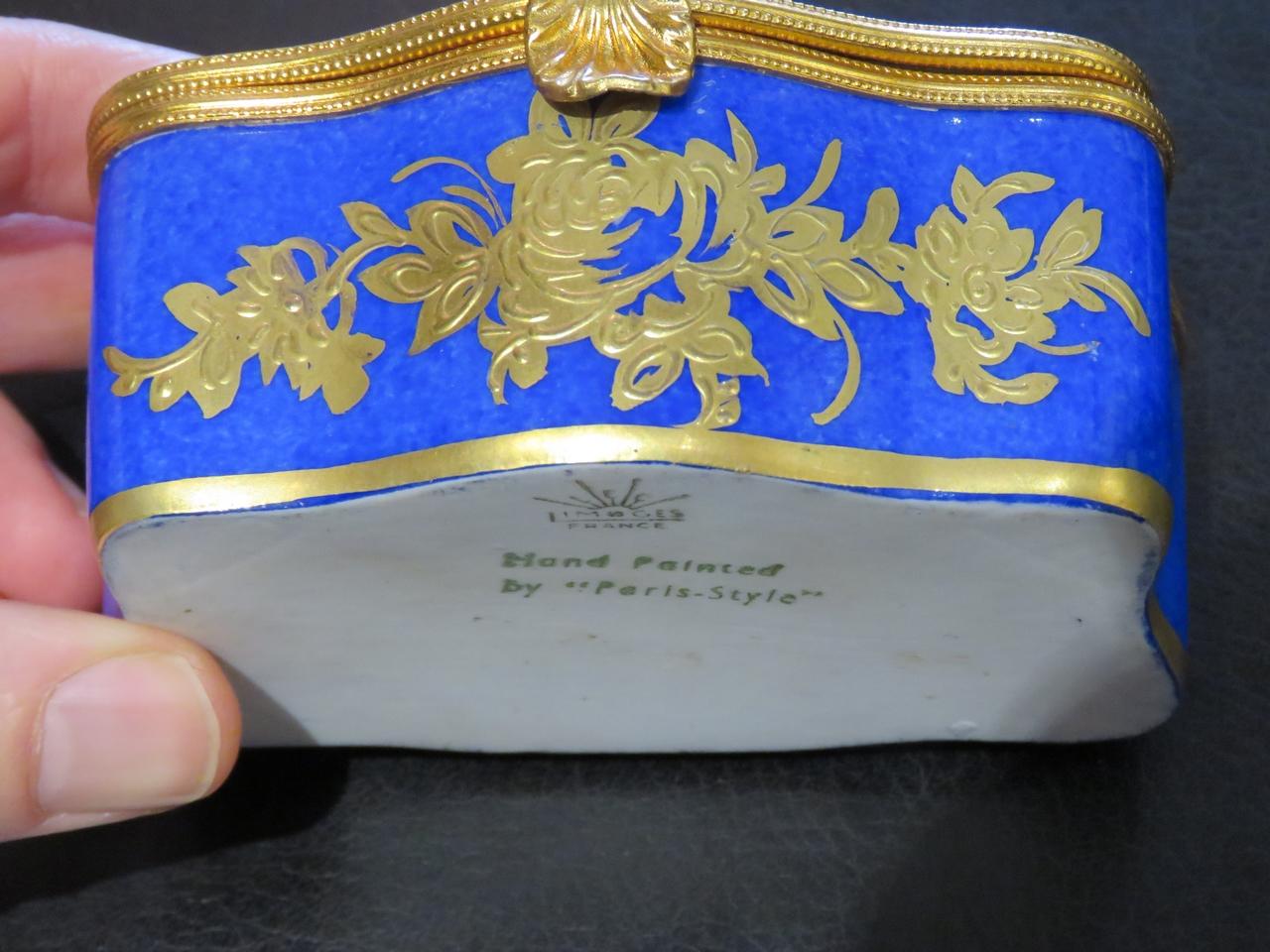 Porcelain Exquisite French Floral Scroll Sevres Style Cobalt Bronze Limoges Jewelry Box For Sale