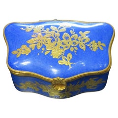 Exquisito joyero Limoges de bronce cobalto estilo Sevres con volutas florales francesas