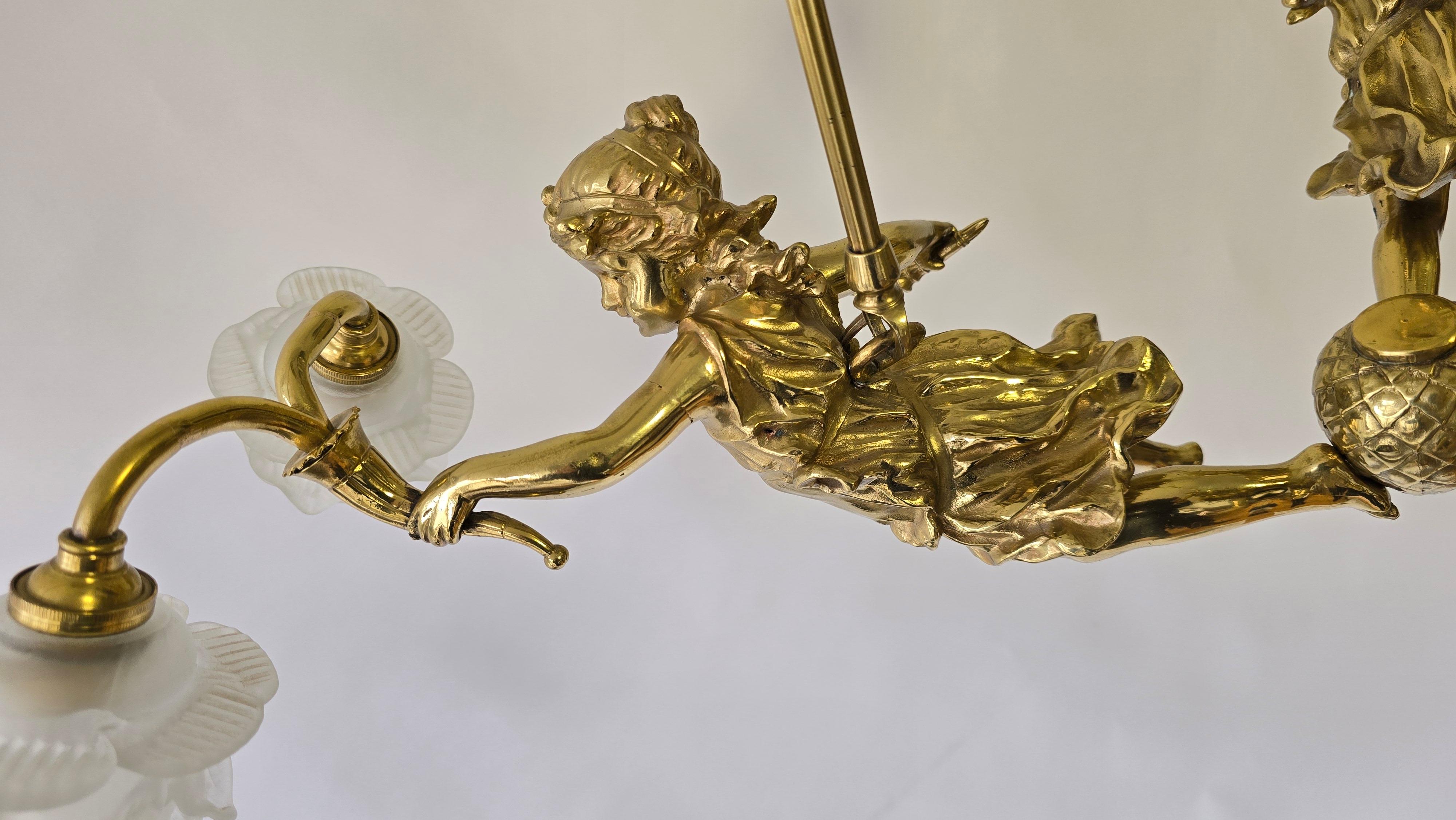Exquisite French Gilt Bronze Chandelier with Cherubs Putti For Sale 5