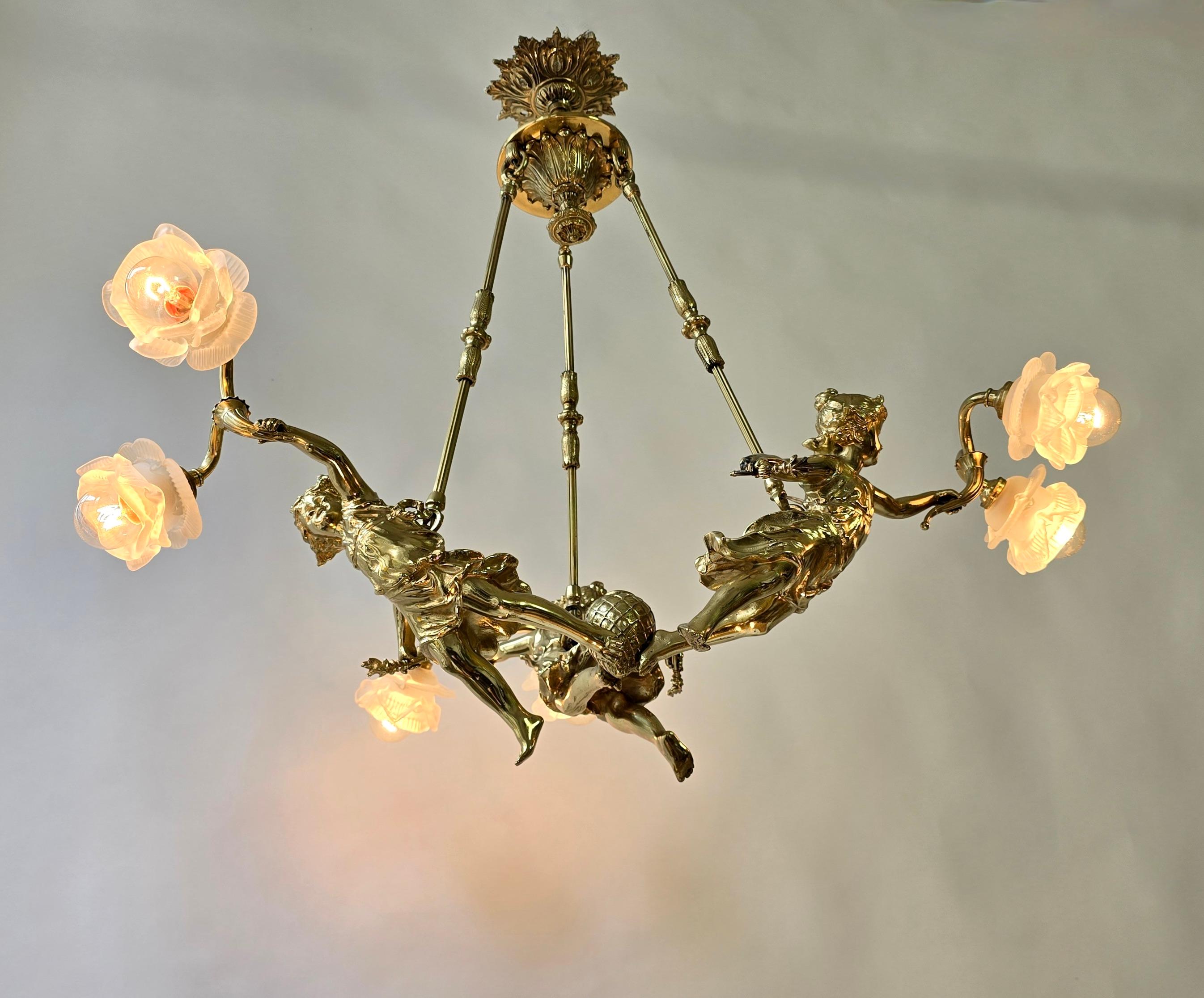 20th Century Exquisite French Gilt Bronze Chandelier with Cherubs Putti For Sale