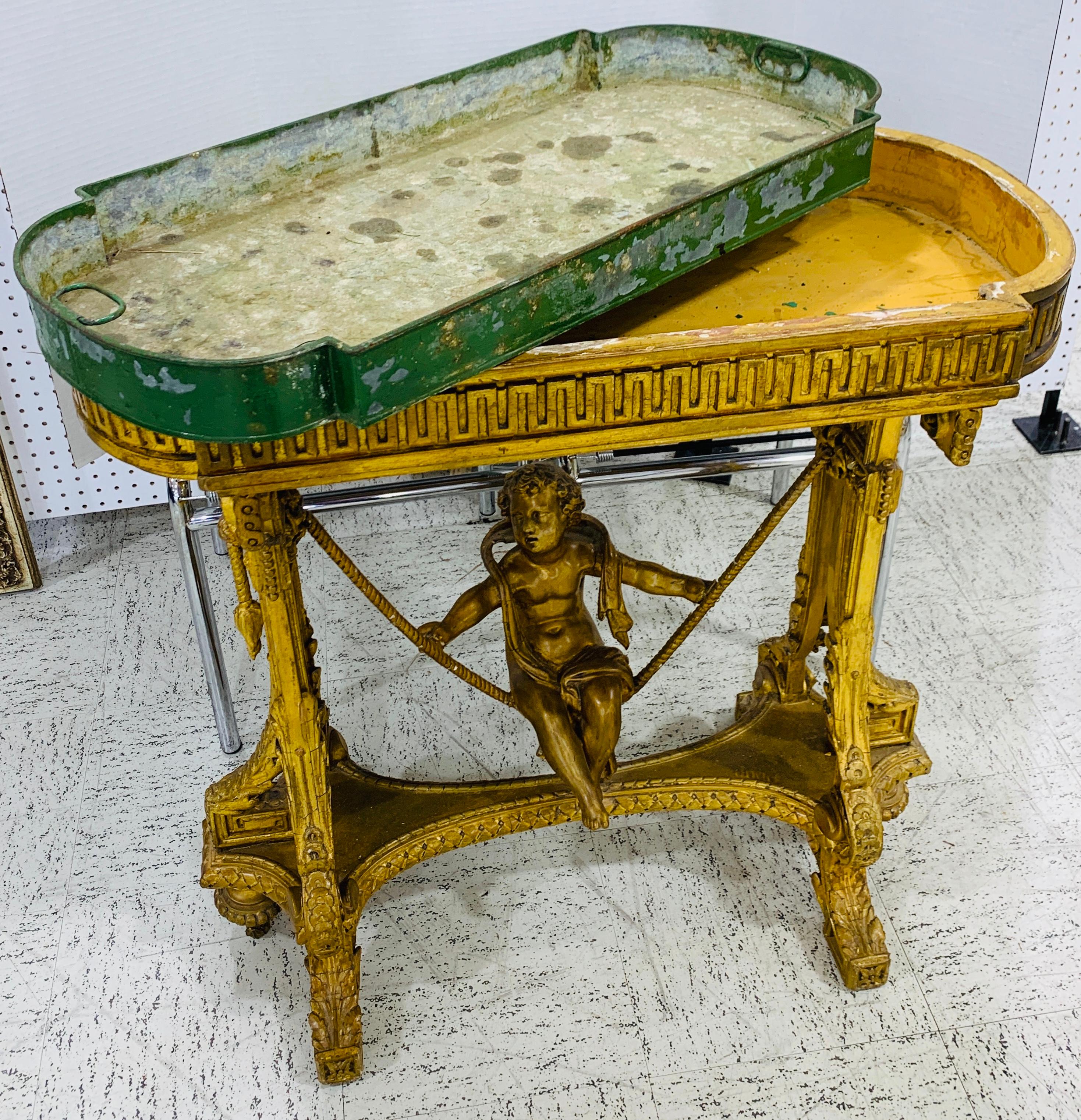 Exquisite French Giltwood Swinging Putto Marble Top Table/ Ferner  For Sale 6