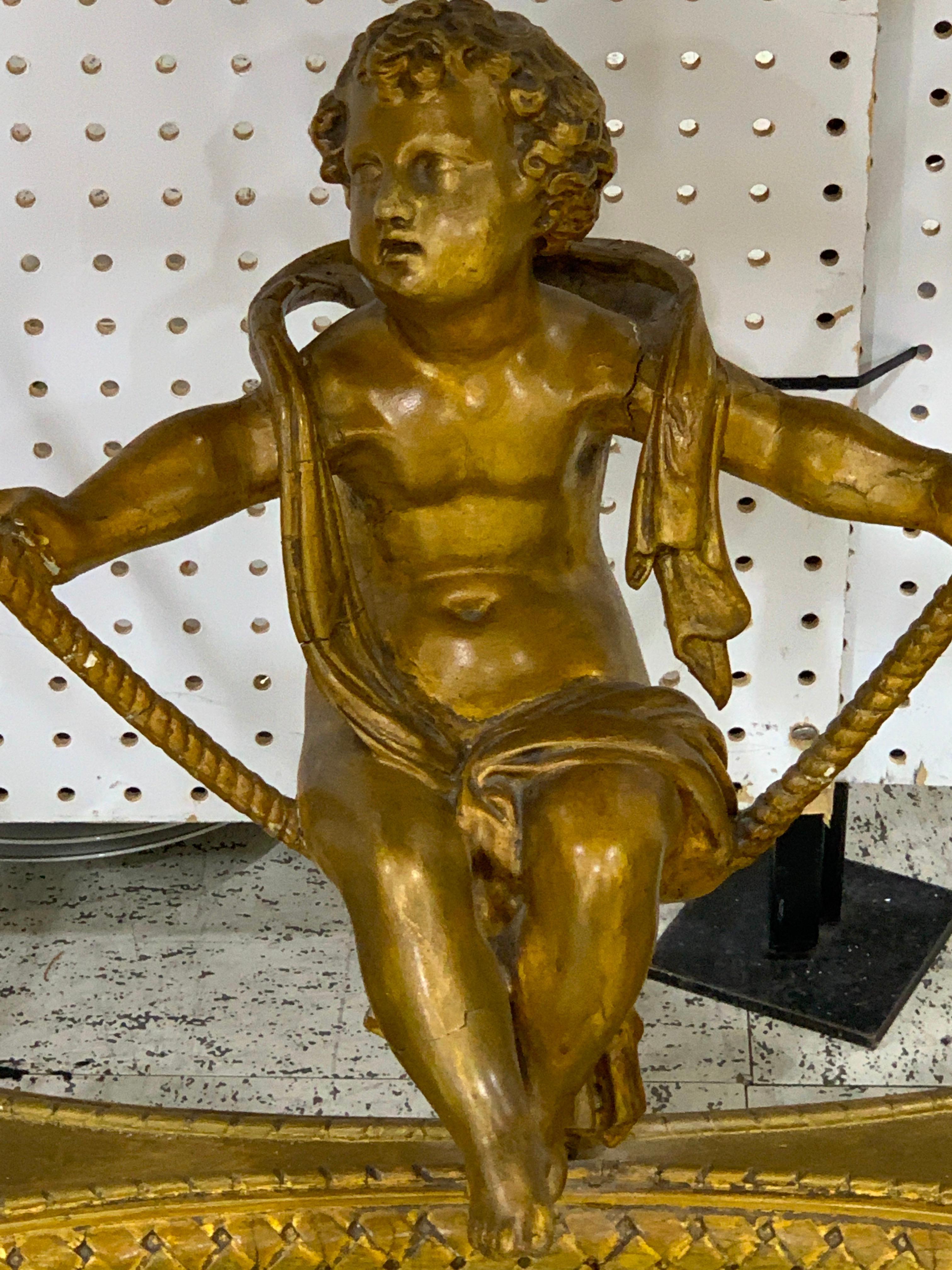 Carved Exquisite French Giltwood Swinging Putto Marble Top Table/ Ferner For Sale