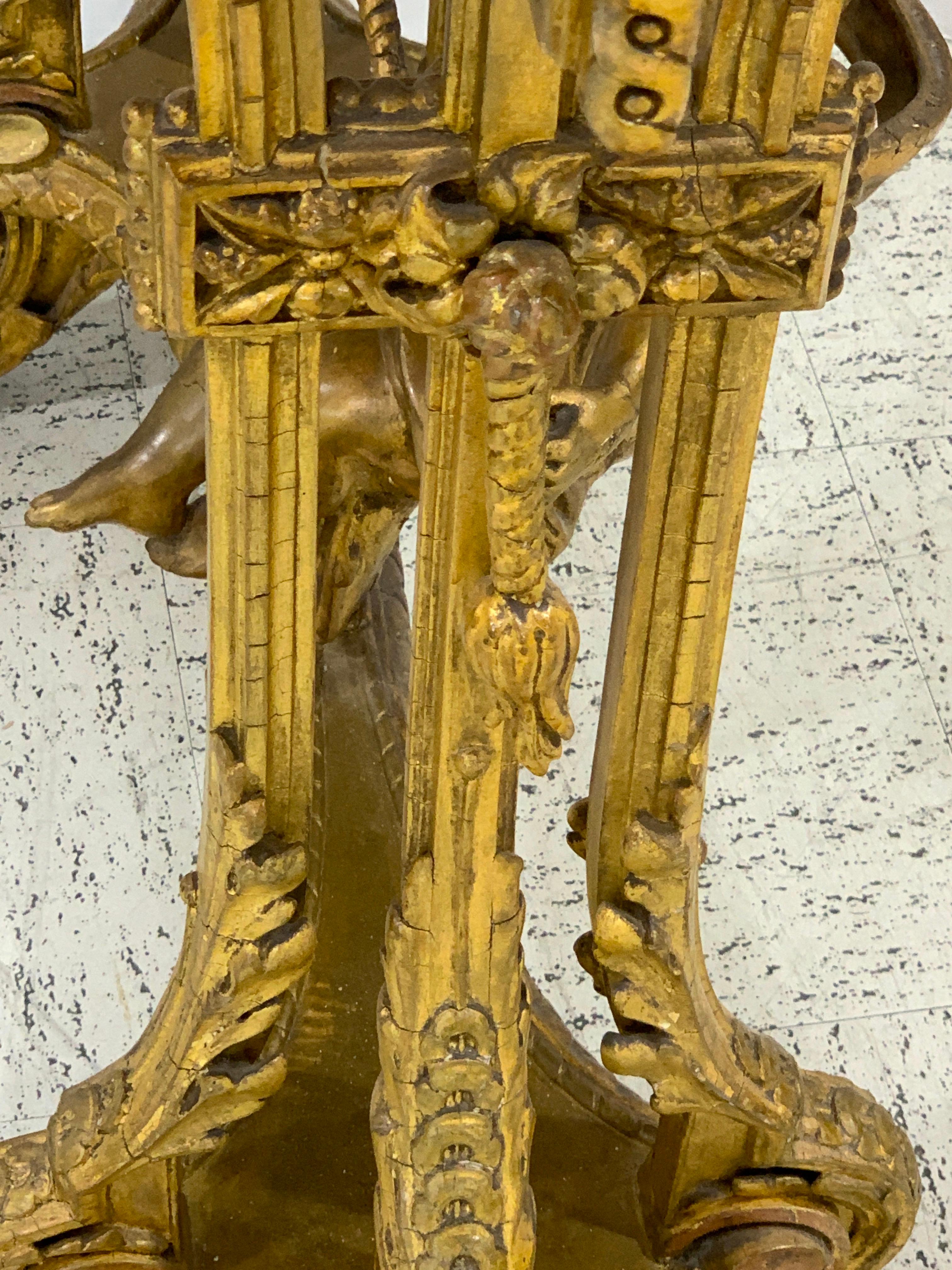 19th Century Exquisite French Giltwood Swinging Putto Marble Top Table/ Ferner  For Sale