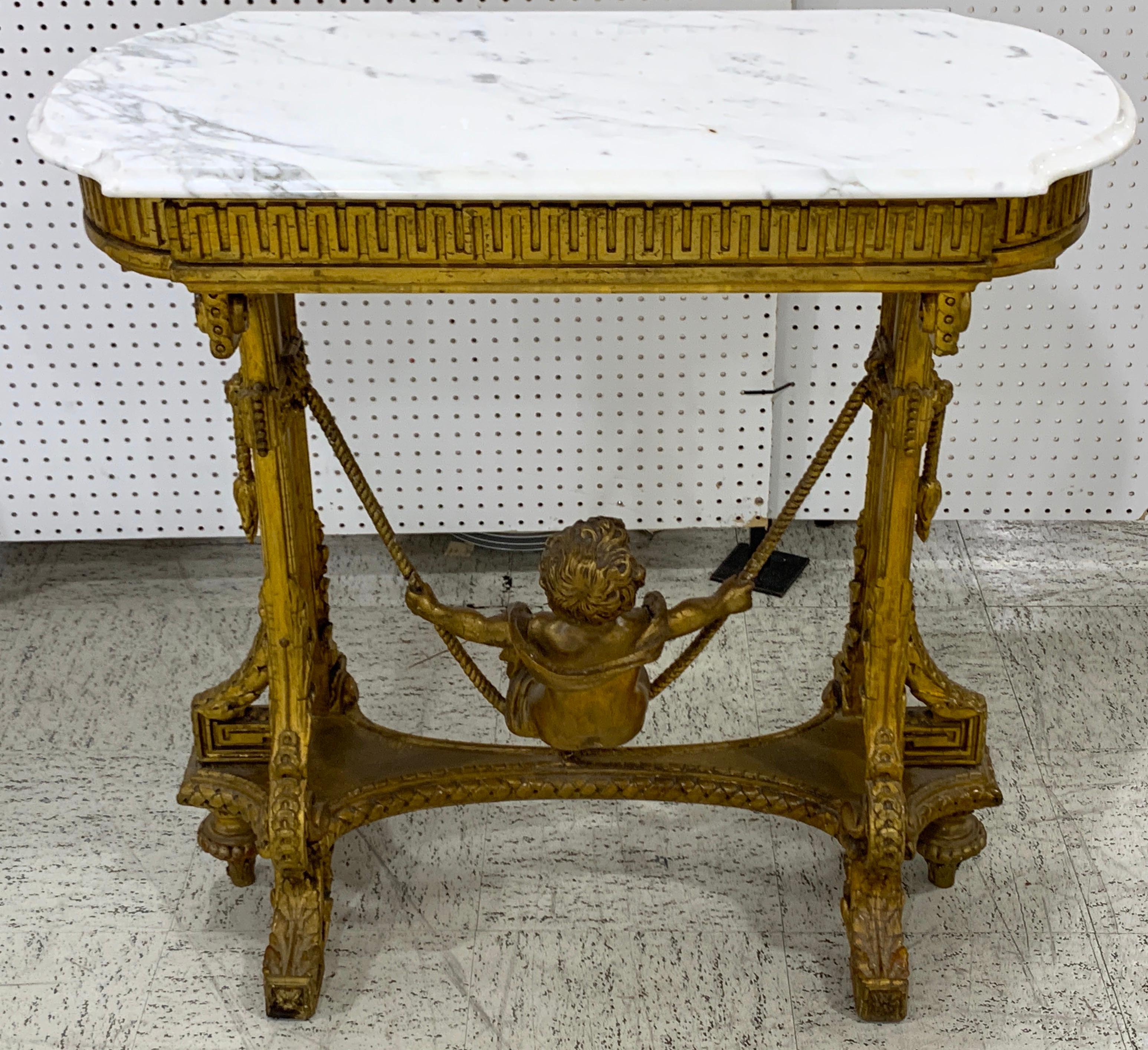 Exquisite French Giltwood Swinging Putto Marble Top Table/ Ferner For Sale 1