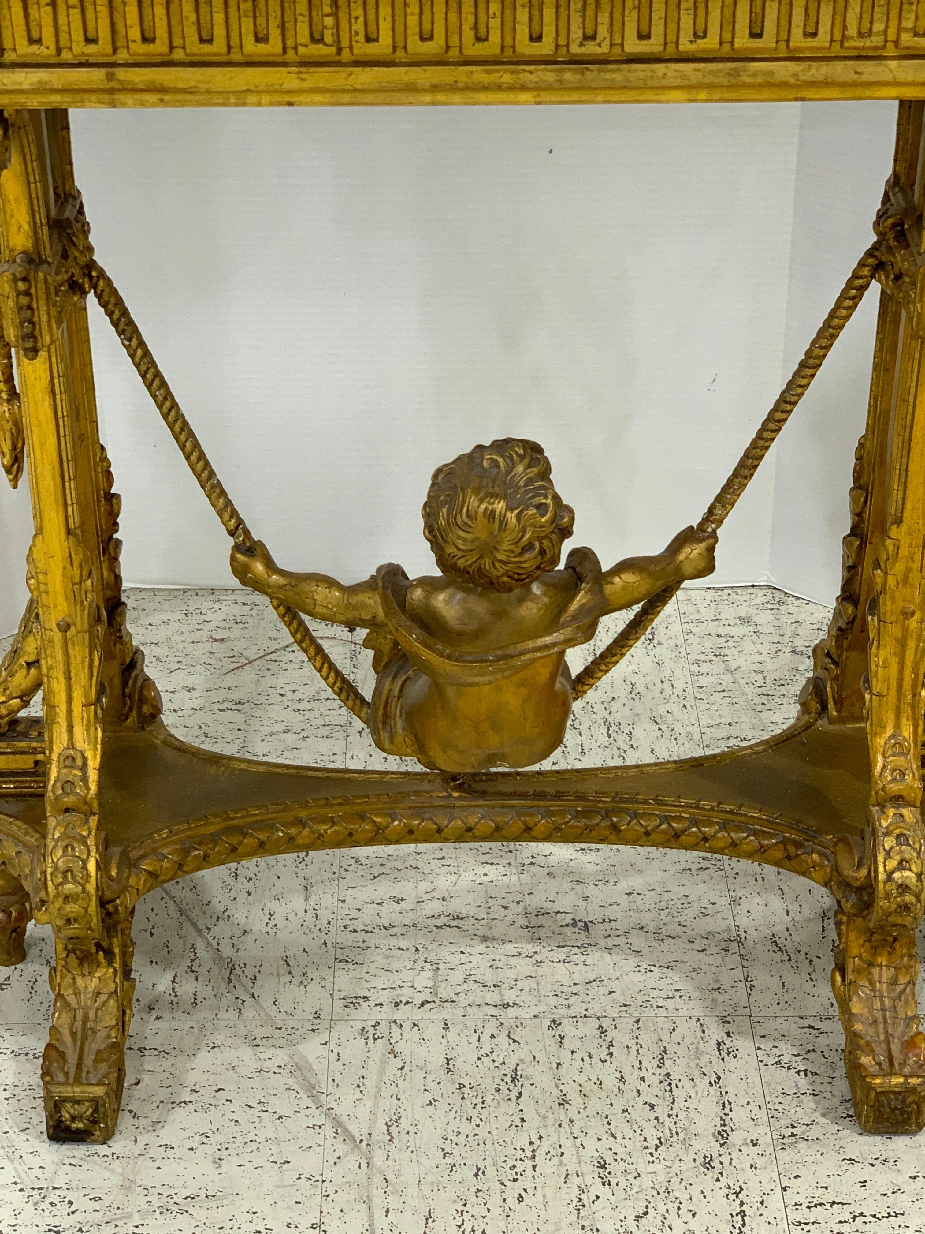 Exquisite French Giltwood Swinging Putto Marble Top Table/ Ferner For Sale 2