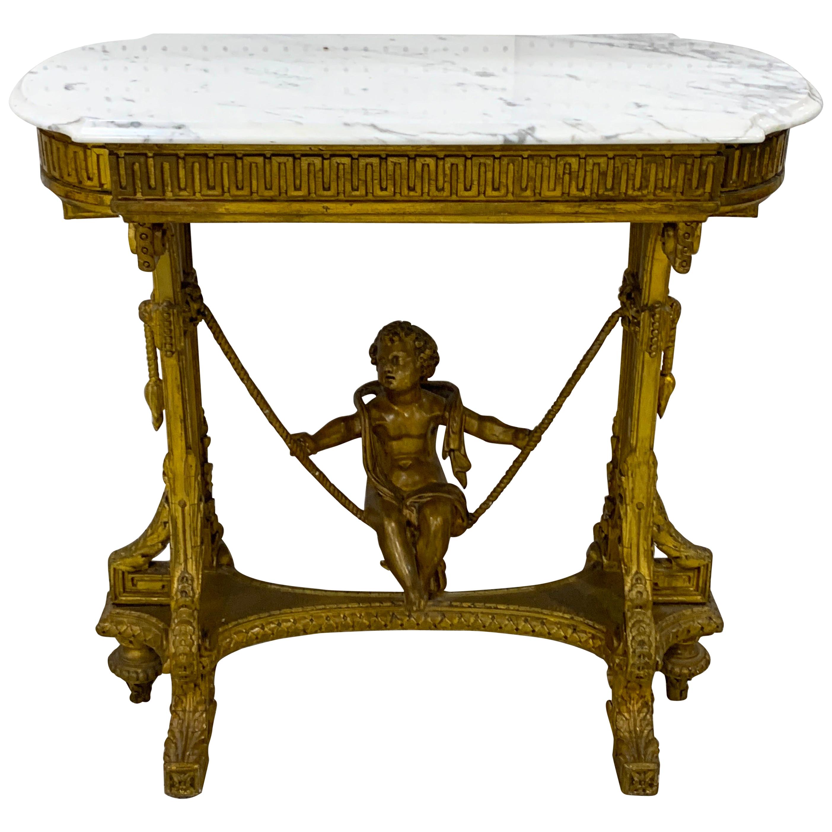 Exquisite French Giltwood Swinging Putto Marble Top Table/ Ferner  For Sale