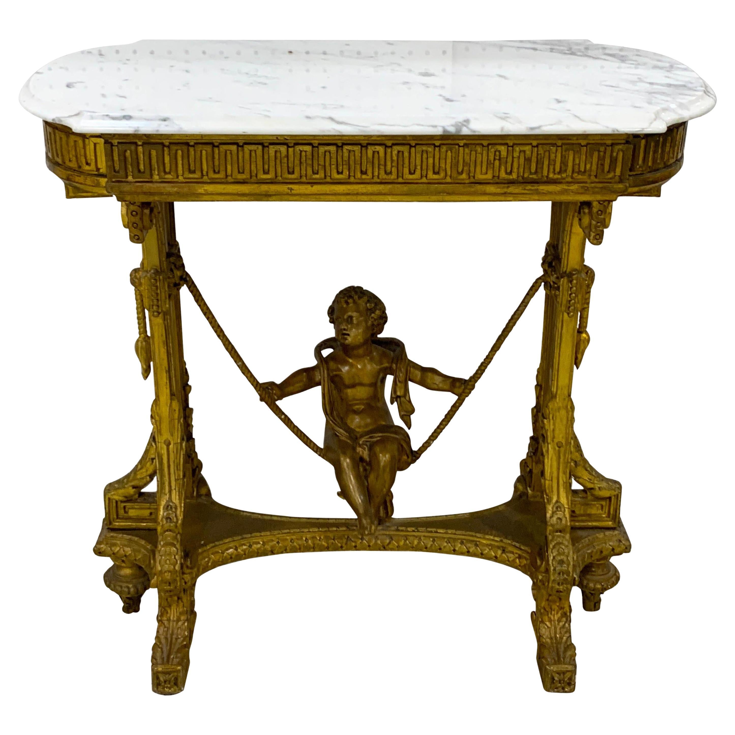 Exquisite French Giltwood Swinging Putto Marble Top Table/ Ferner For Sale