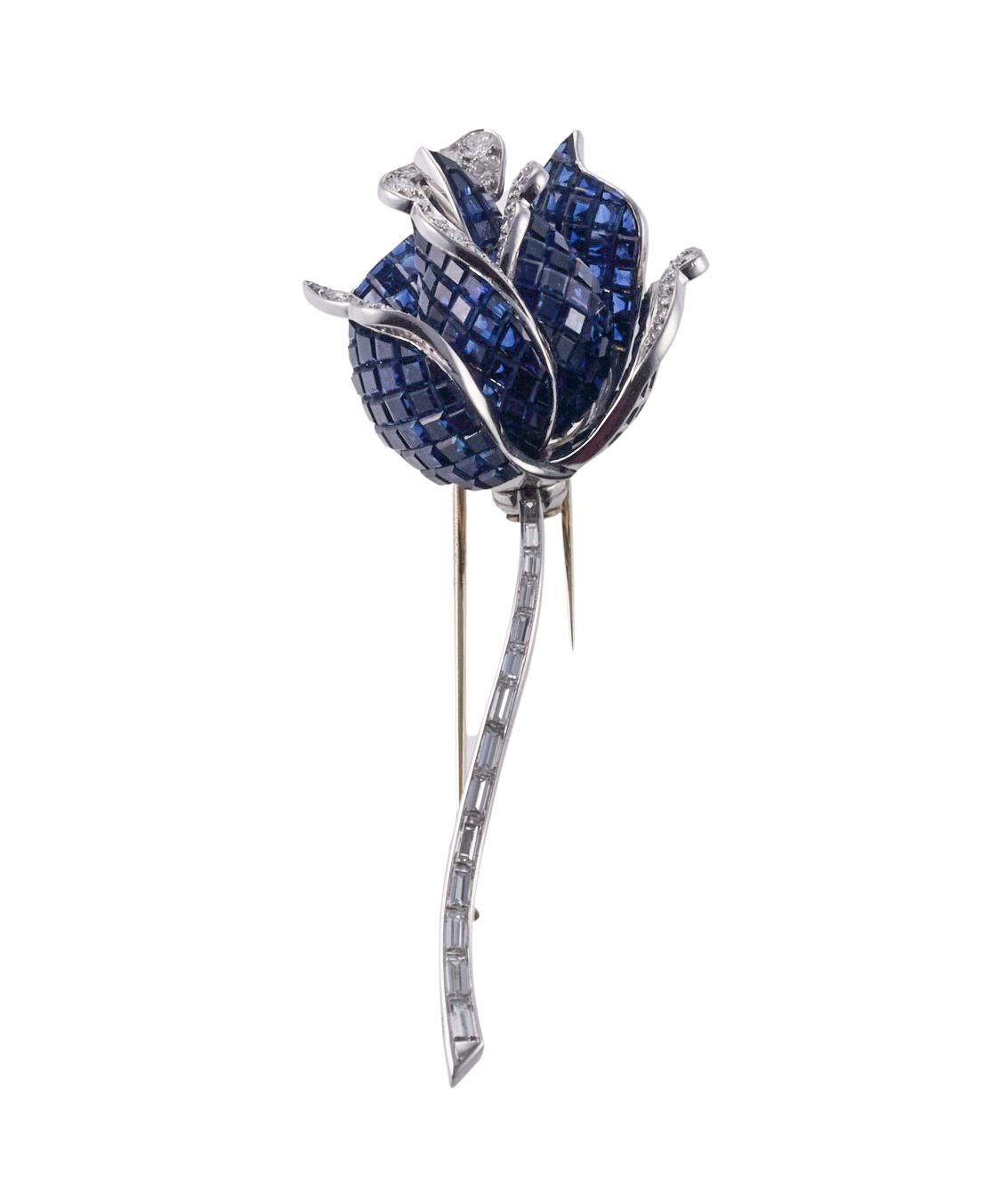 Square Cut Exquisite French Invisible Set Sapphire Diamond Gold Rose Flower Brooch For Sale