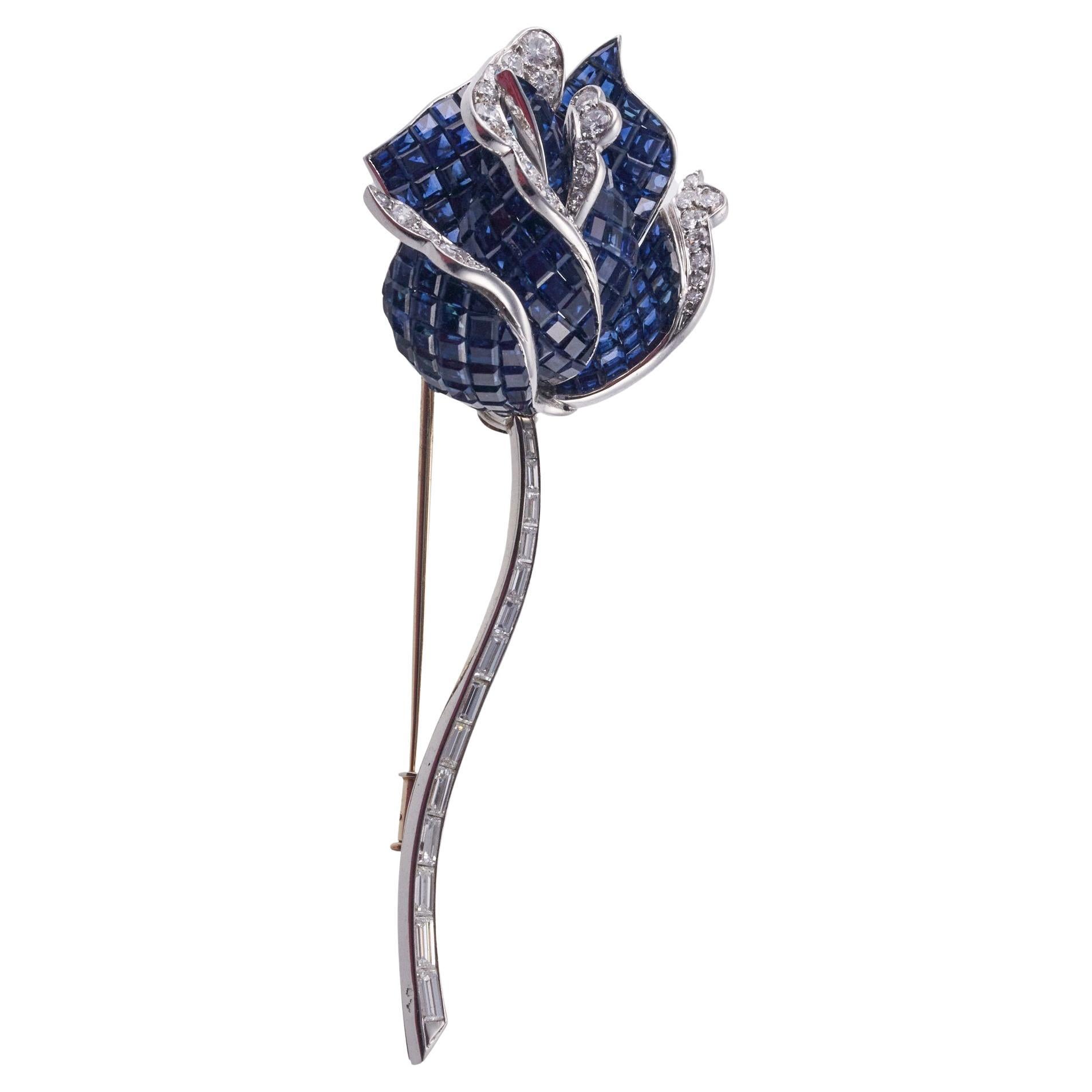 Exquisite French Invisible Set Sapphire Diamond Gold Rose Flower Brooch