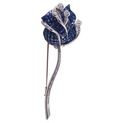 Vintage Exquisite French Invisible Set Sapphire Diamond Gold Rose Flower Brooch