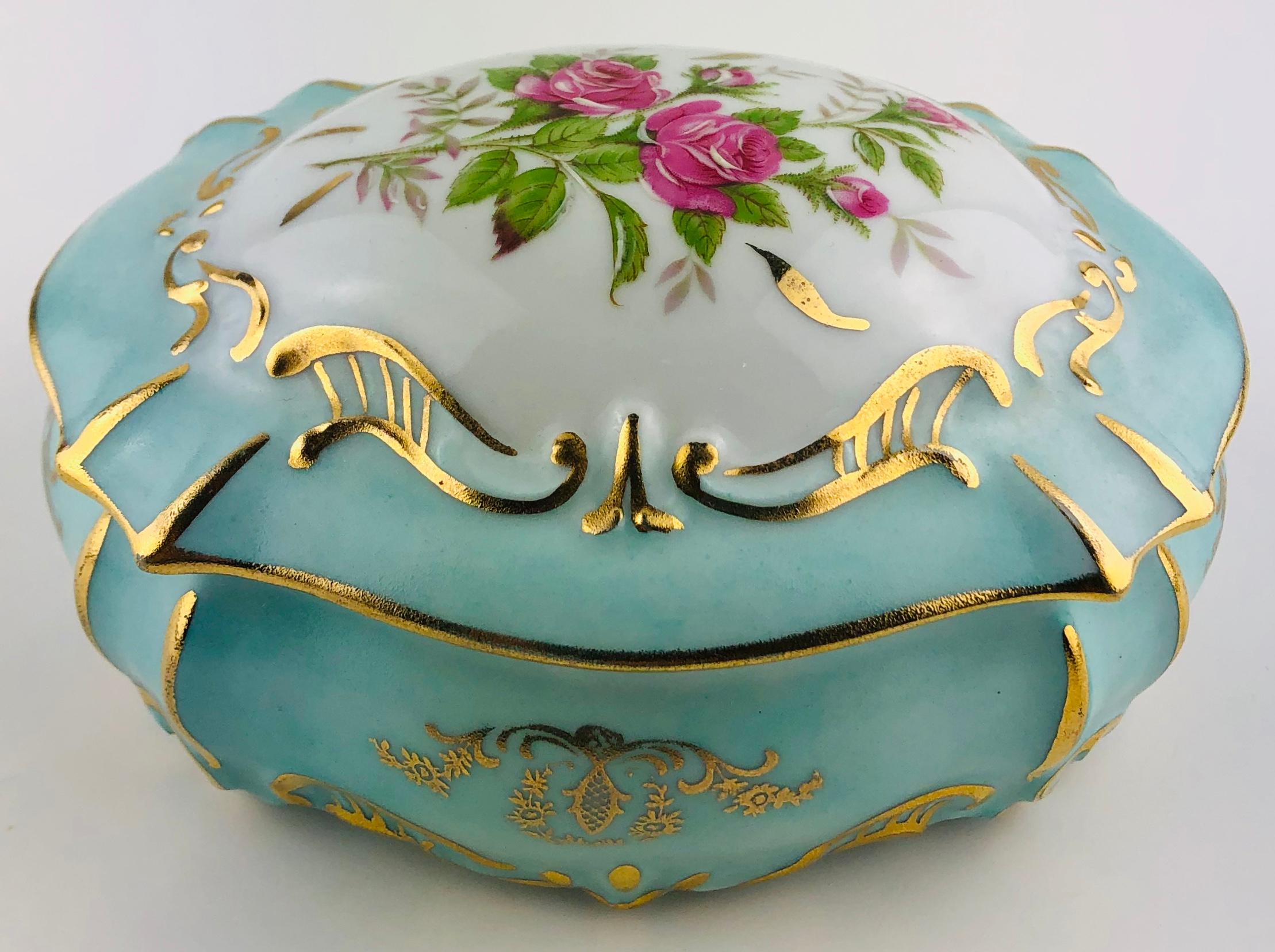 A truly exquisite French Limoges handcrafted and hand painted gold trimmed trinket /jewelry box or candy dish, circa 1930. 
Bears the Limoges stamp.
Glazed.

Measures: 5 7/8