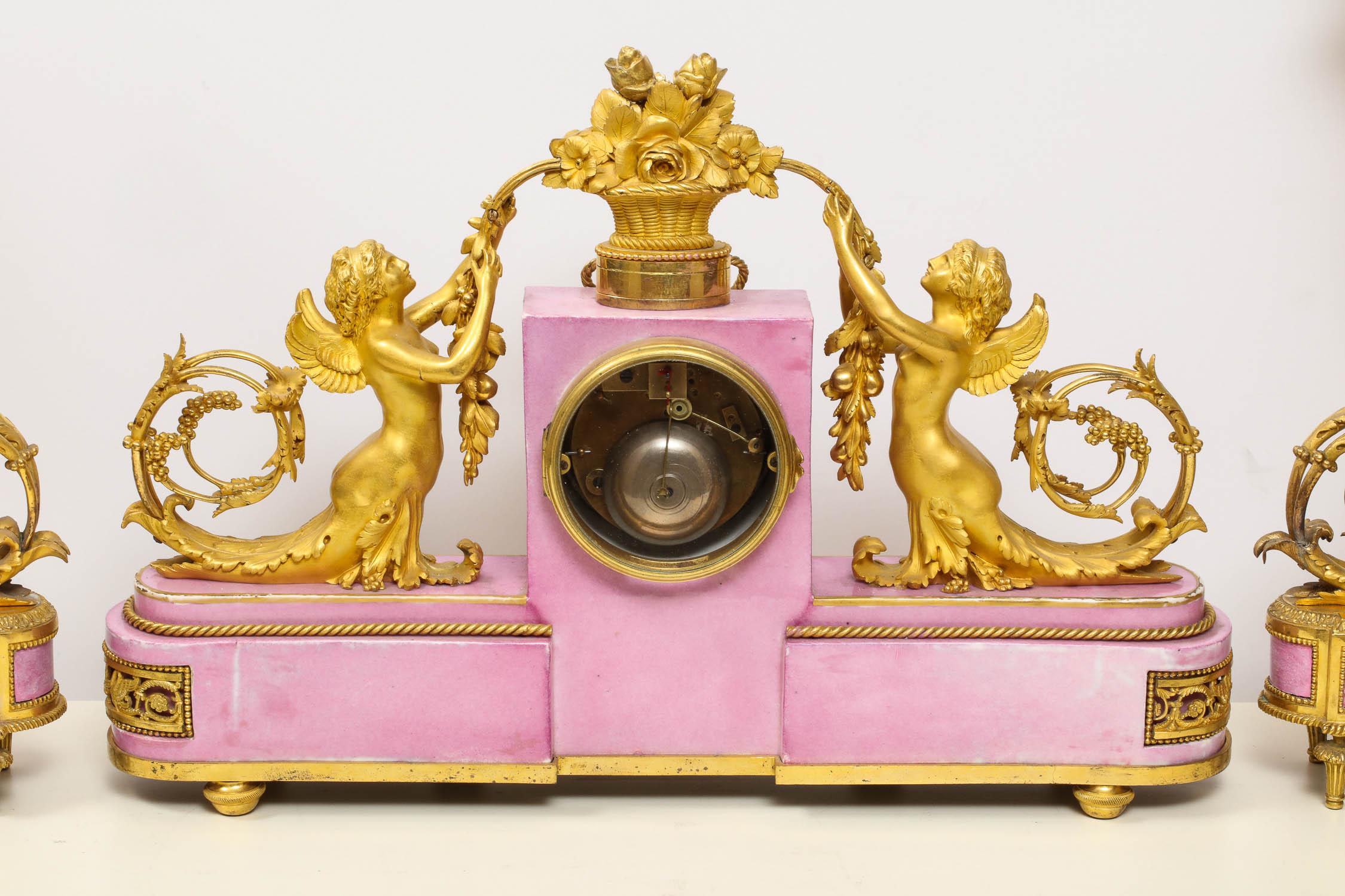 Exquisite French Ormolu and Pink Porcelain Clock Set after Francois Remond 5