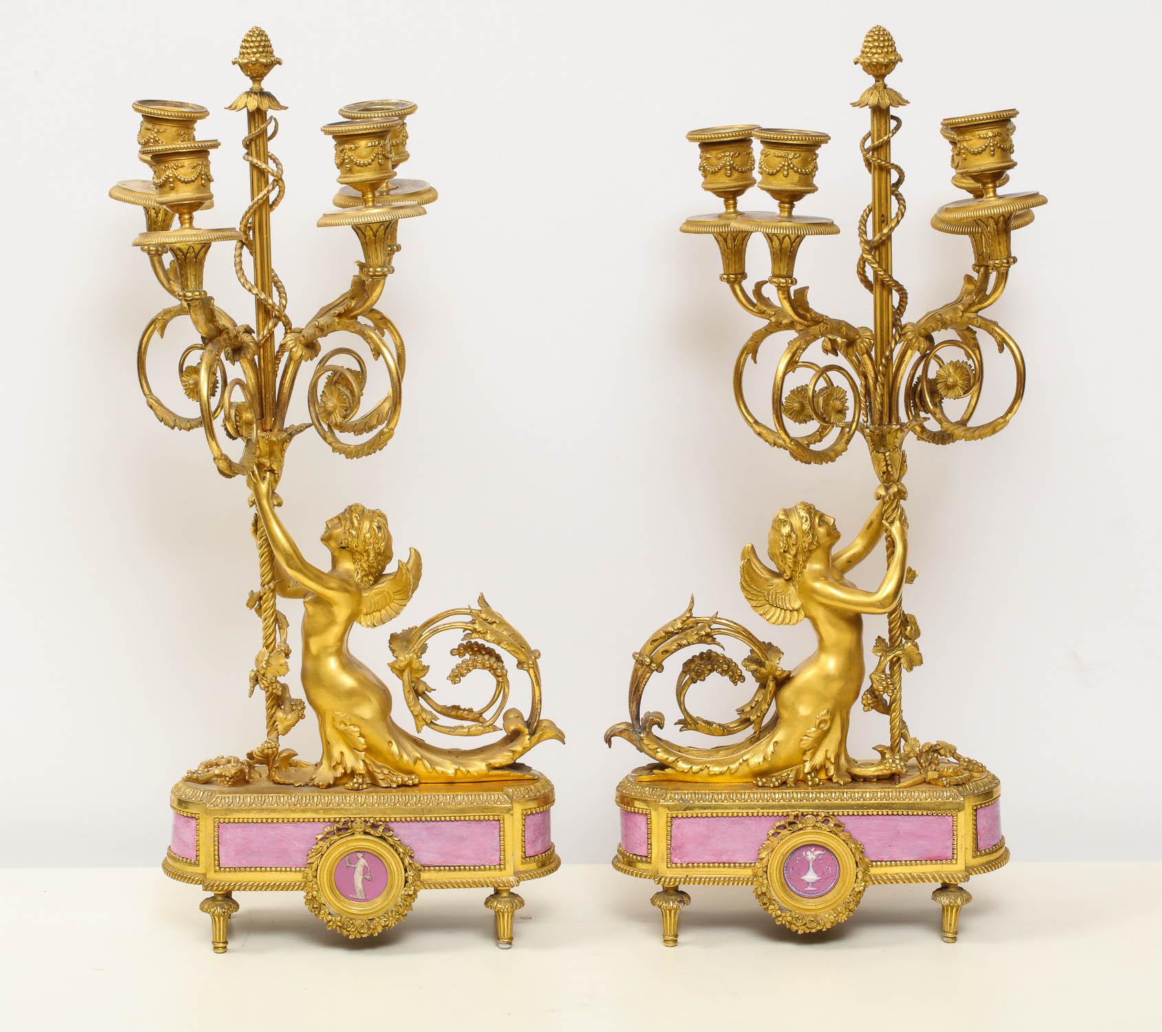 Exquisite French Ormolu and Pink Porcelain Clock Set after Francois Remond 6