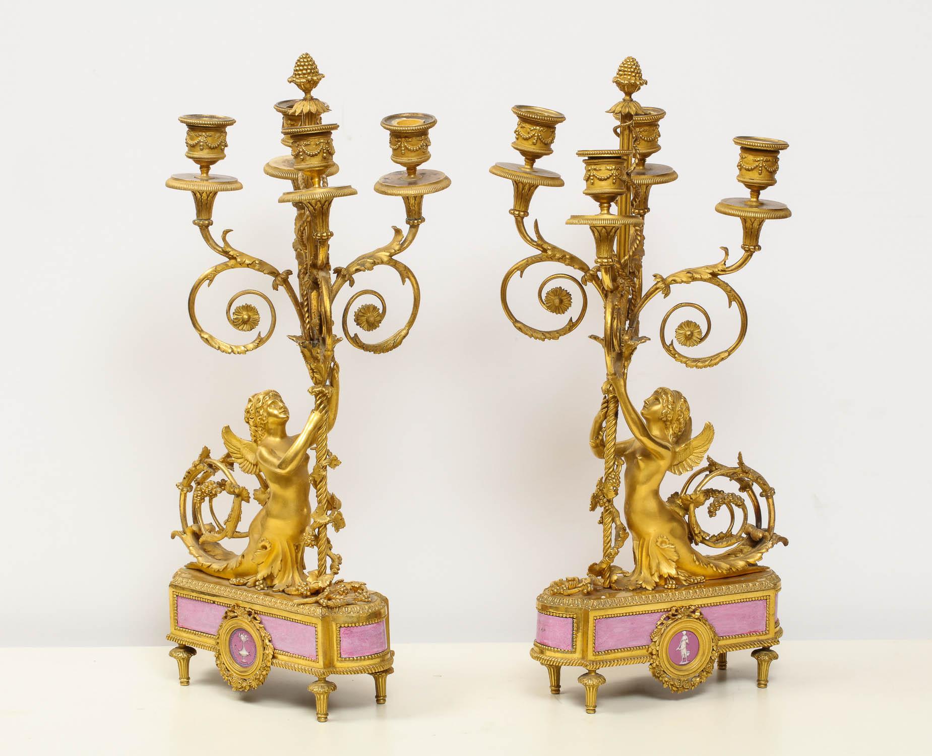 Exquisite French Ormolu and Pink Porcelain Clock Set after Francois Remond 8