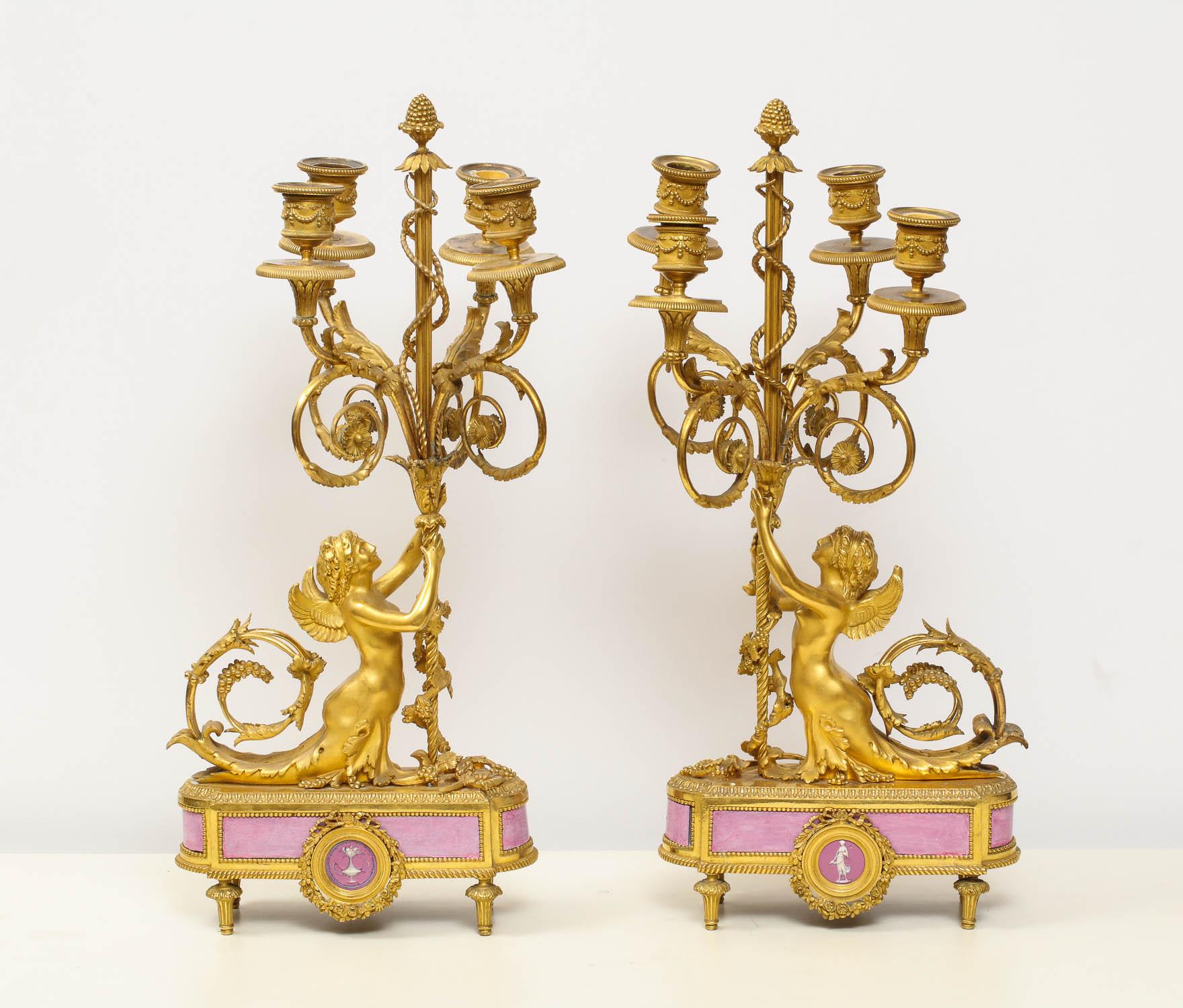Exquisite French Ormolu and Pink Porcelain Clock Set after Francois Remond 9